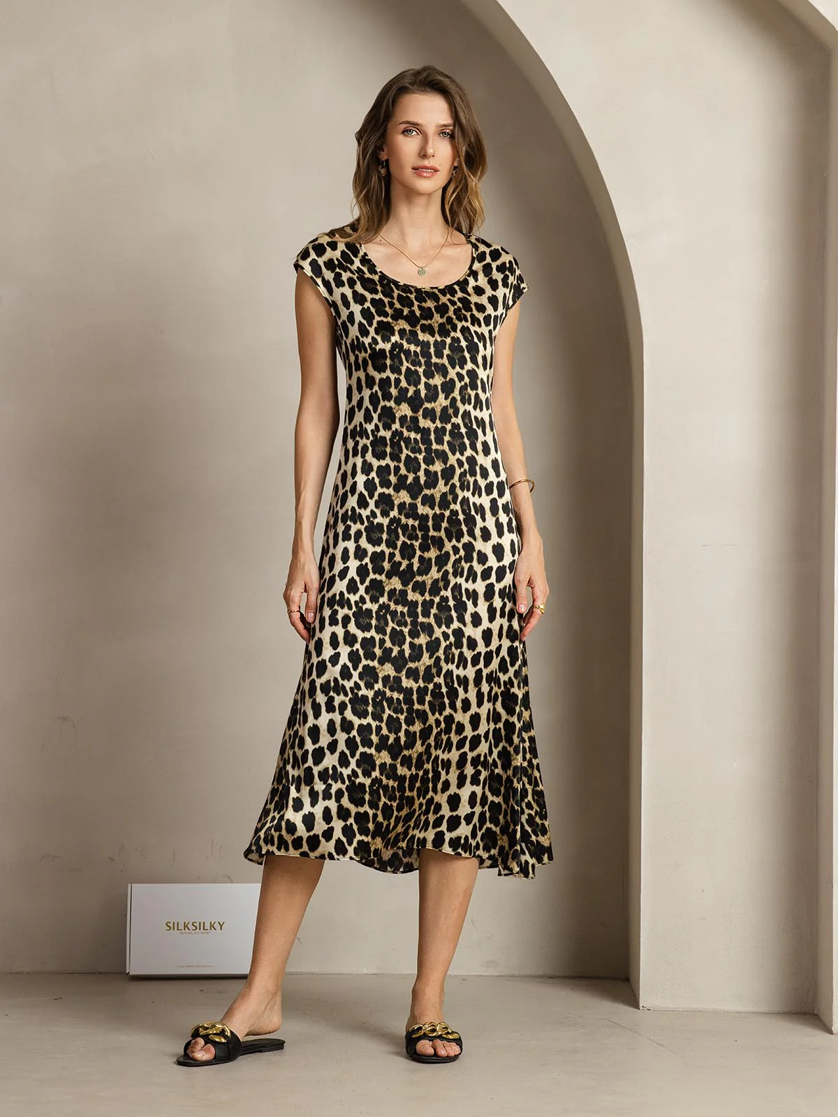 Clearance - 19Momme Silk Leopard Print Cap Sleeve Midi Dress - Image 3