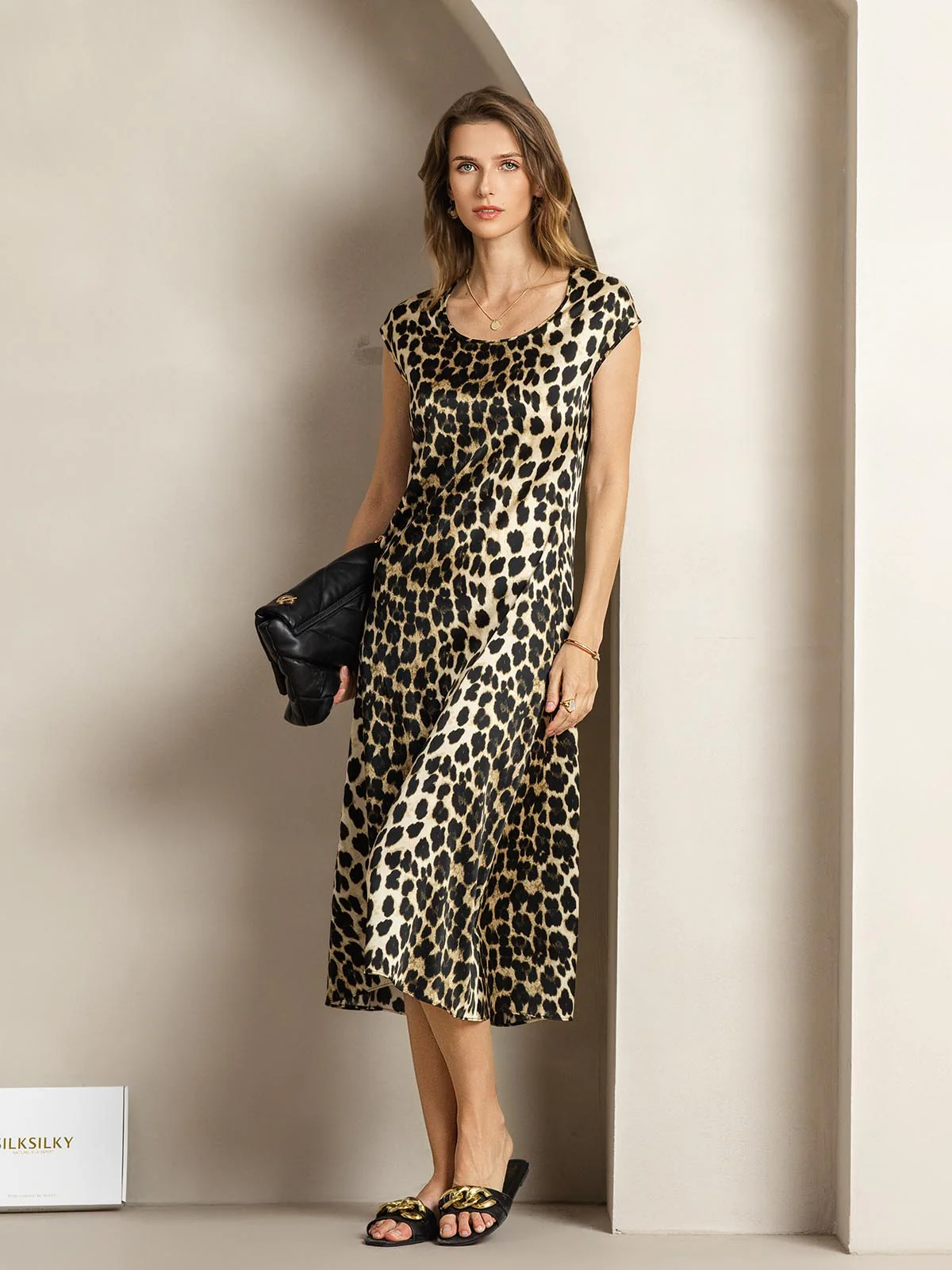 Clearance - 19Momme Silk Leopard Print Cap Sleeve Midi Dress - Image 6