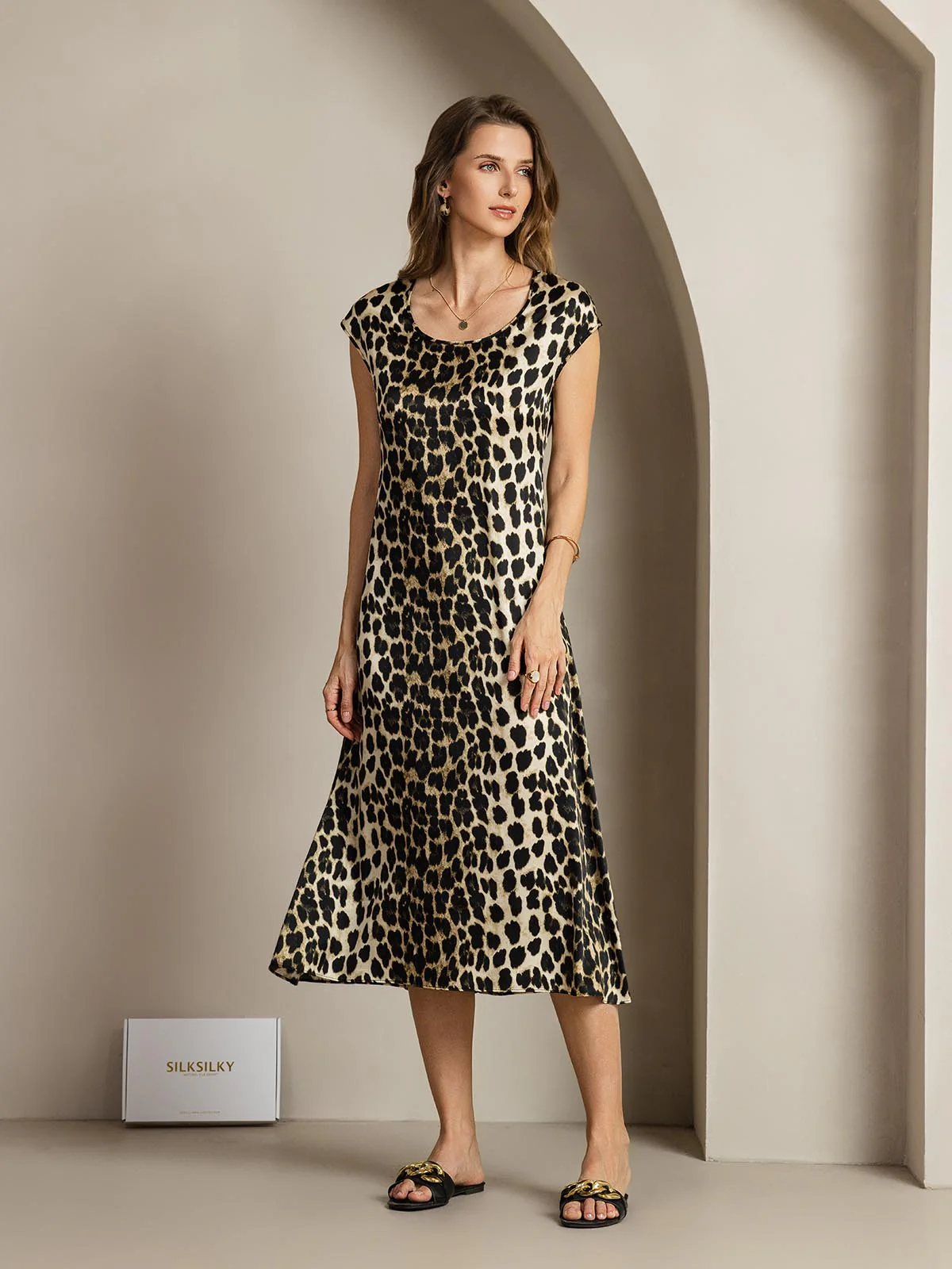 Clearance - 19Momme Silk Leopard Print Cap Sleeve Midi Dress - Image 8
