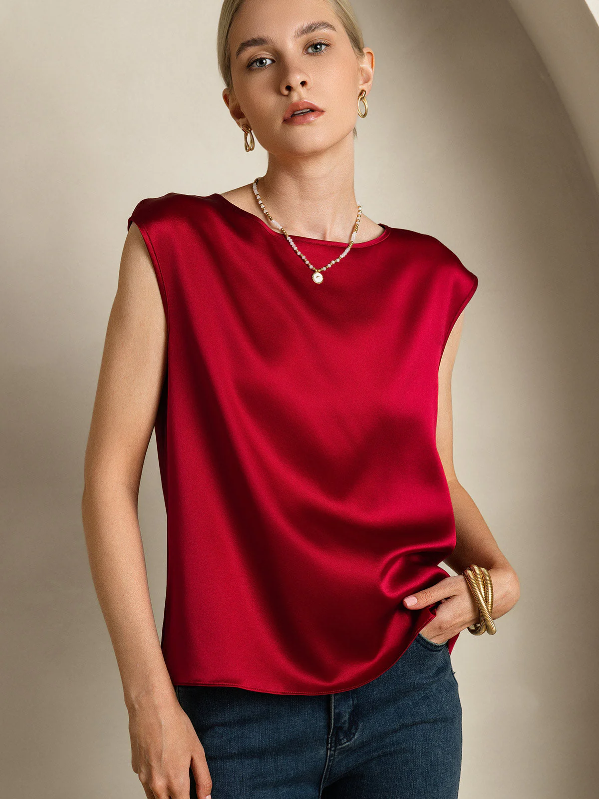 19Momme Silk Cap Sleeve Round Neck Women's Top - Image 10