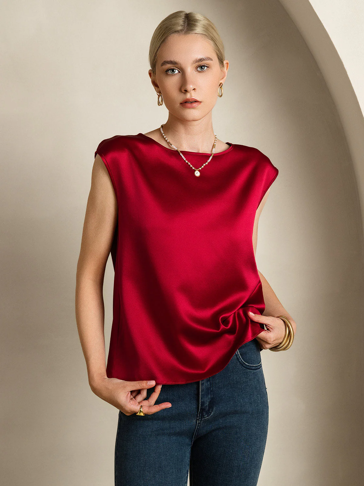 19Momme Silk Cap Sleeve Round Neck Women's Top - Image 12
