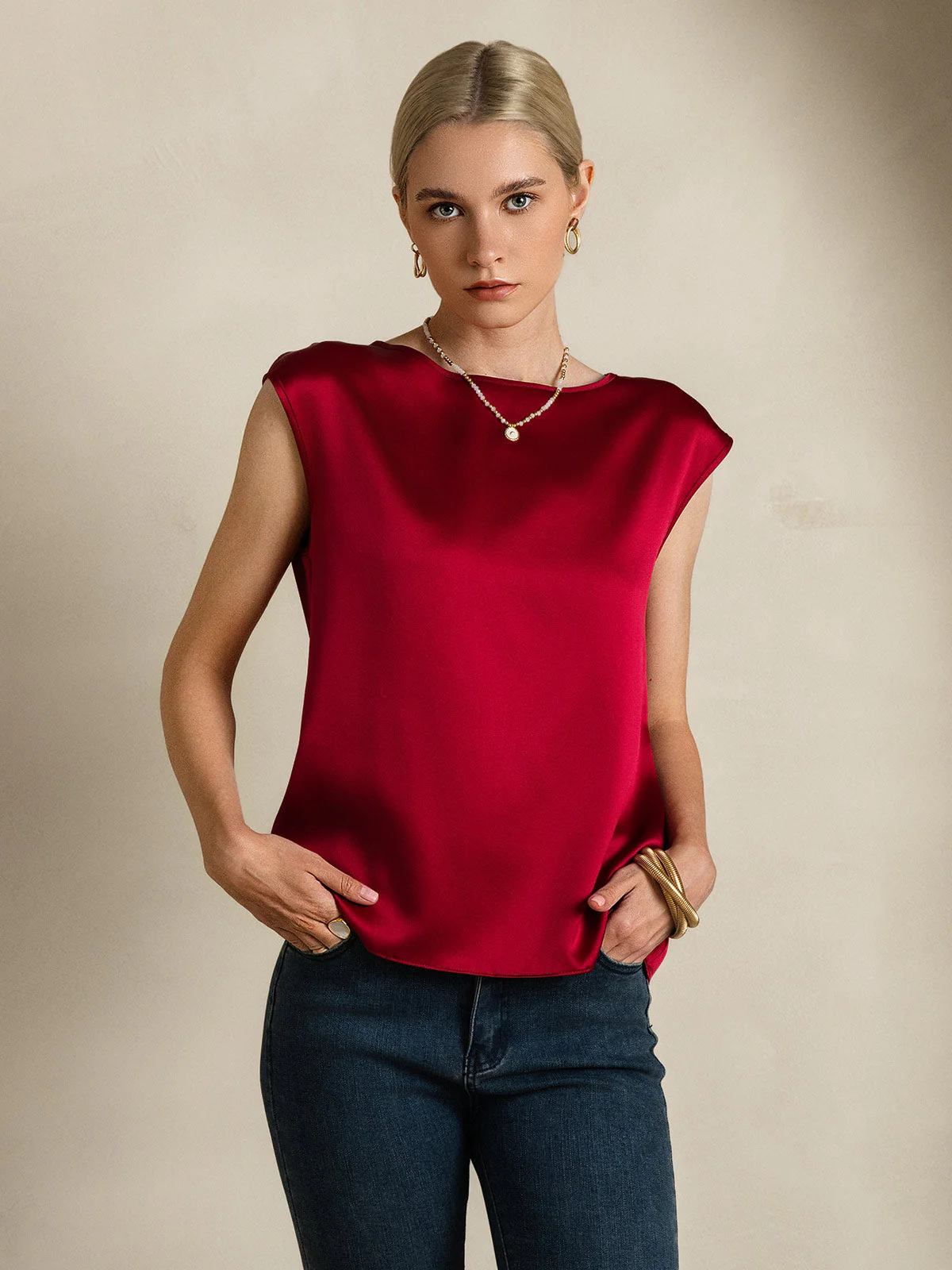 19Momme Silk Cap Sleeve Round Neck Women's Top - Image 13