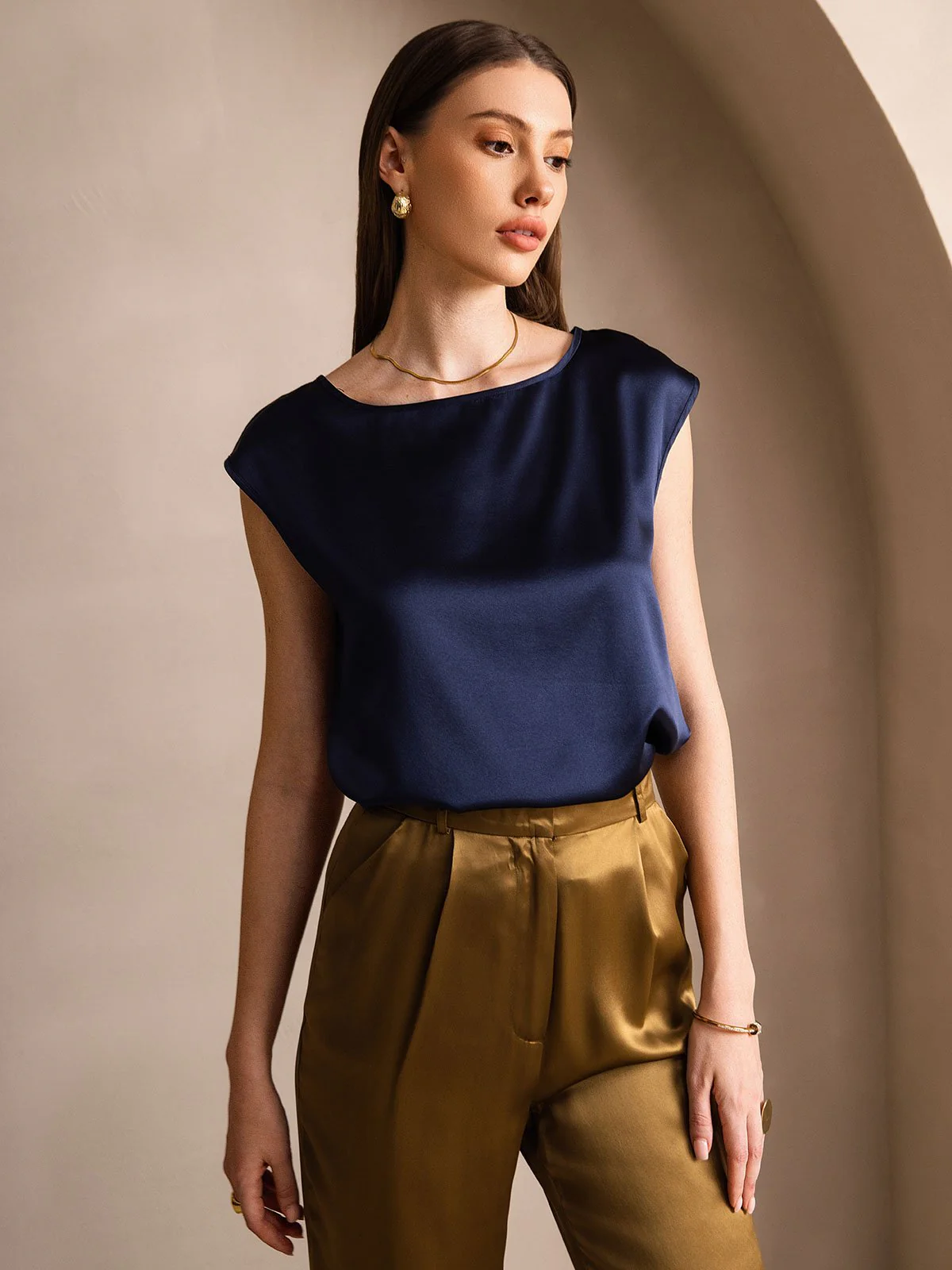 19Momme Silk Cap Sleeve Round Neck Women's Top - Image 30