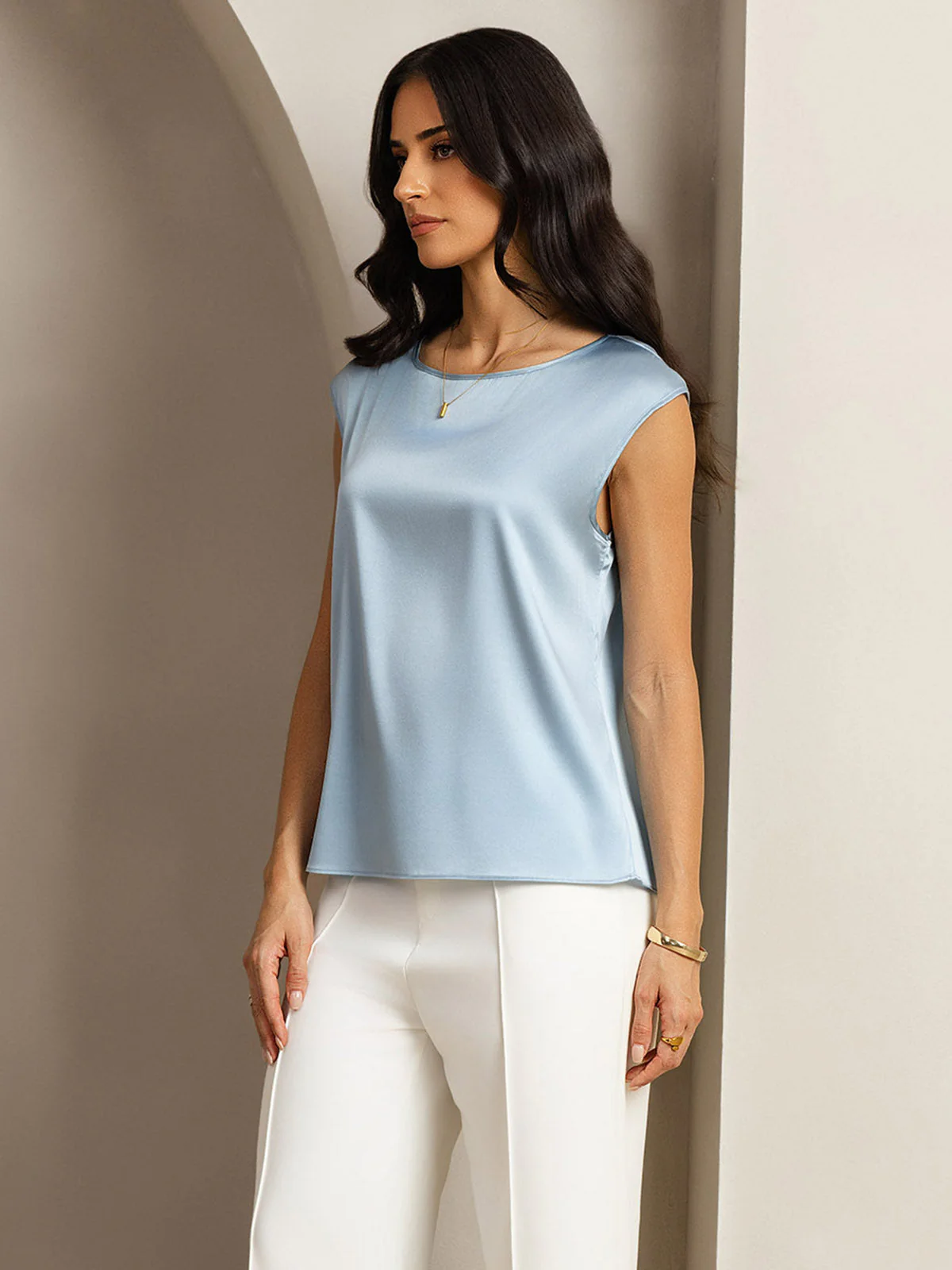 19Momme Silk Cap Sleeve Round Neck Women's Top - Image 45
