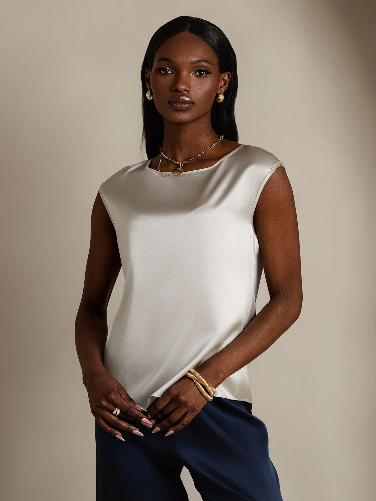 19Momme Silk Cap Sleeve Round Neck Women's Top - Image 48