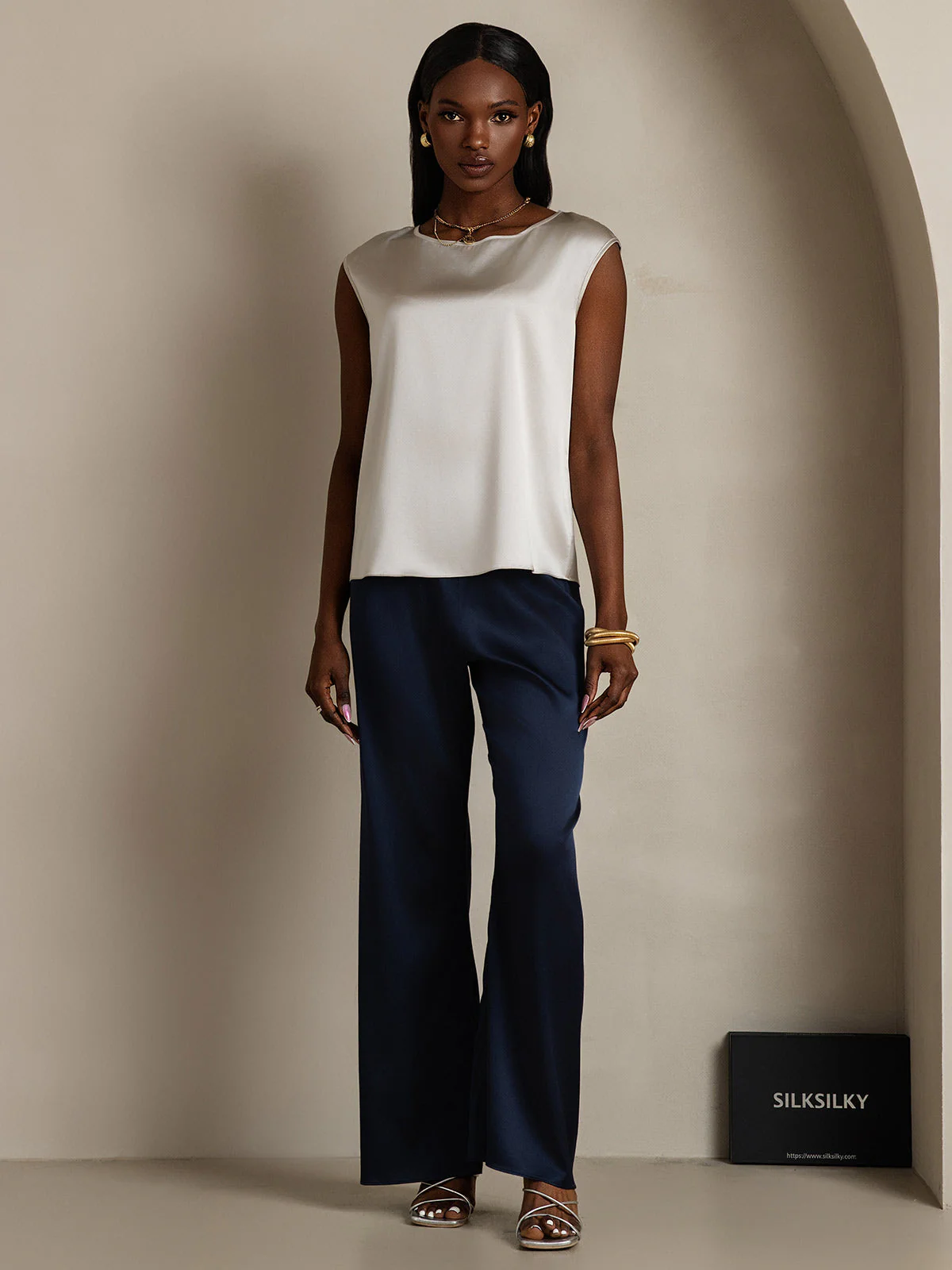 19Momme Silk Cap Sleeve Round Neck Women's Top - Image 50