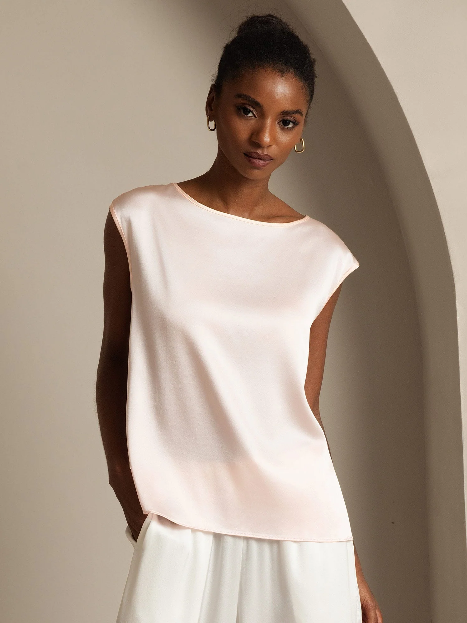 19Momme Silk Cap Sleeve Round Neck Women's Top - Image 51