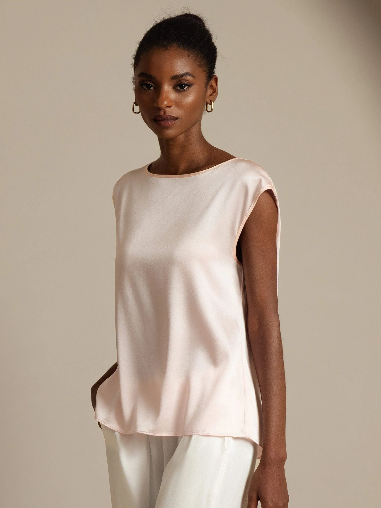19Momme Silk Cap Sleeve Round Neck Women's Top - Image 53