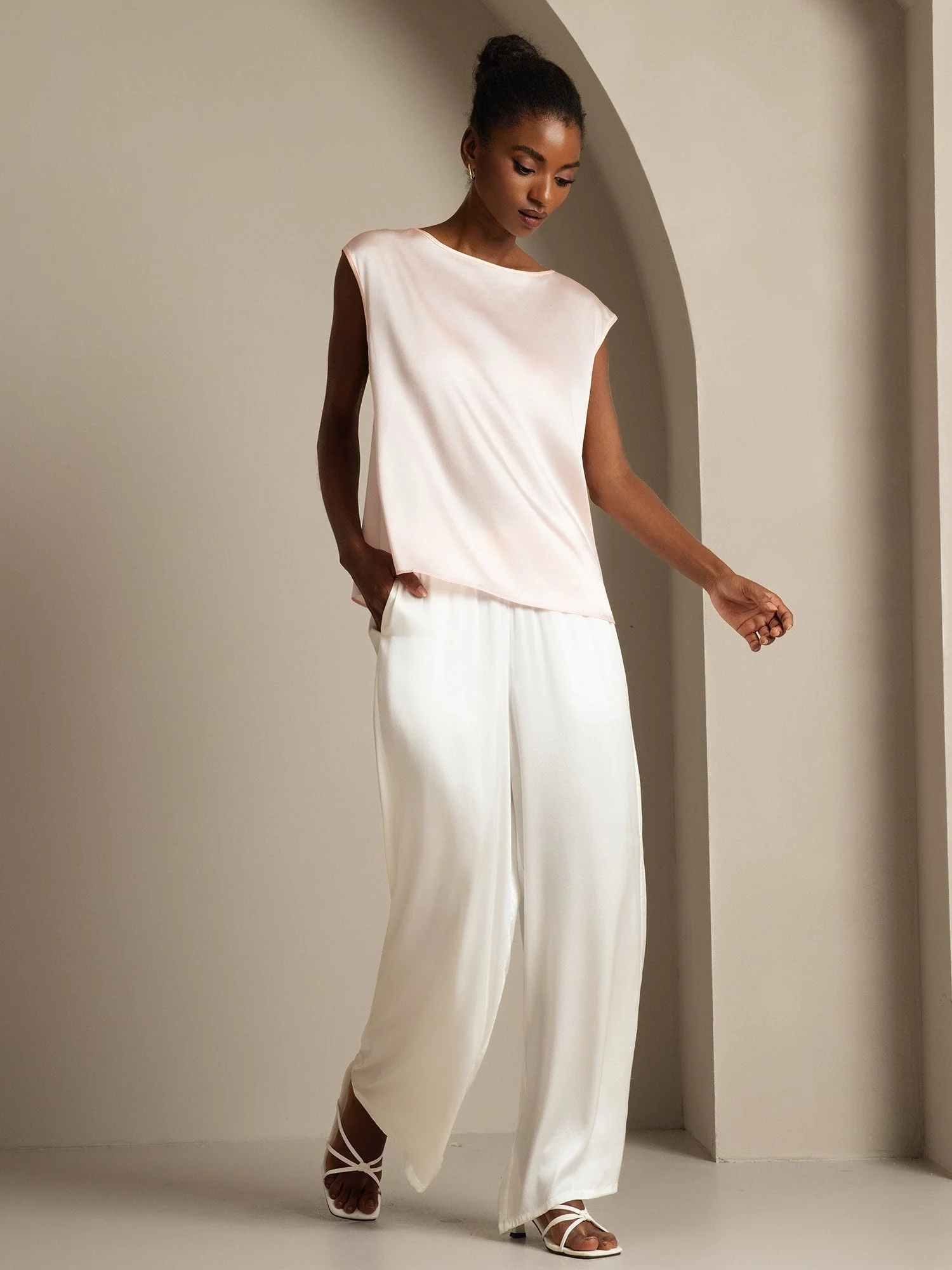 19Momme Silk Cap Sleeve Round Neck Women's Top - Image 54