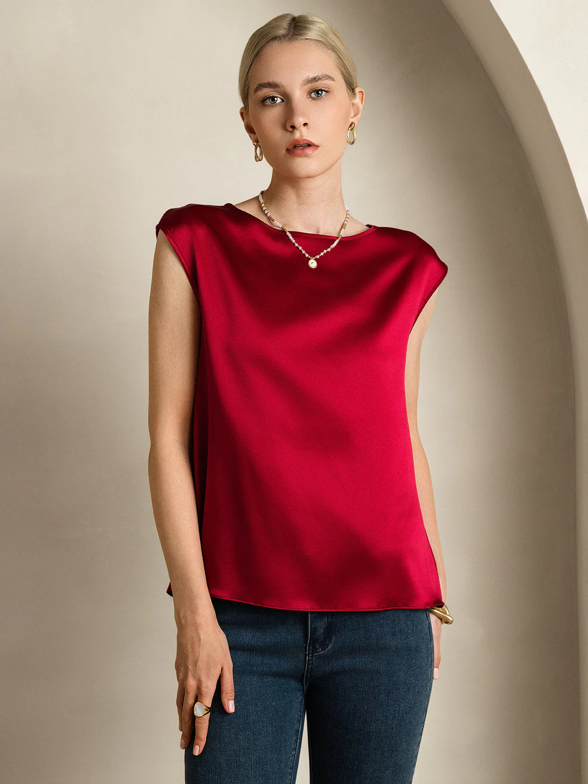 19Momme Silk Cap Sleeve Round Neck Women's Top - Image 8