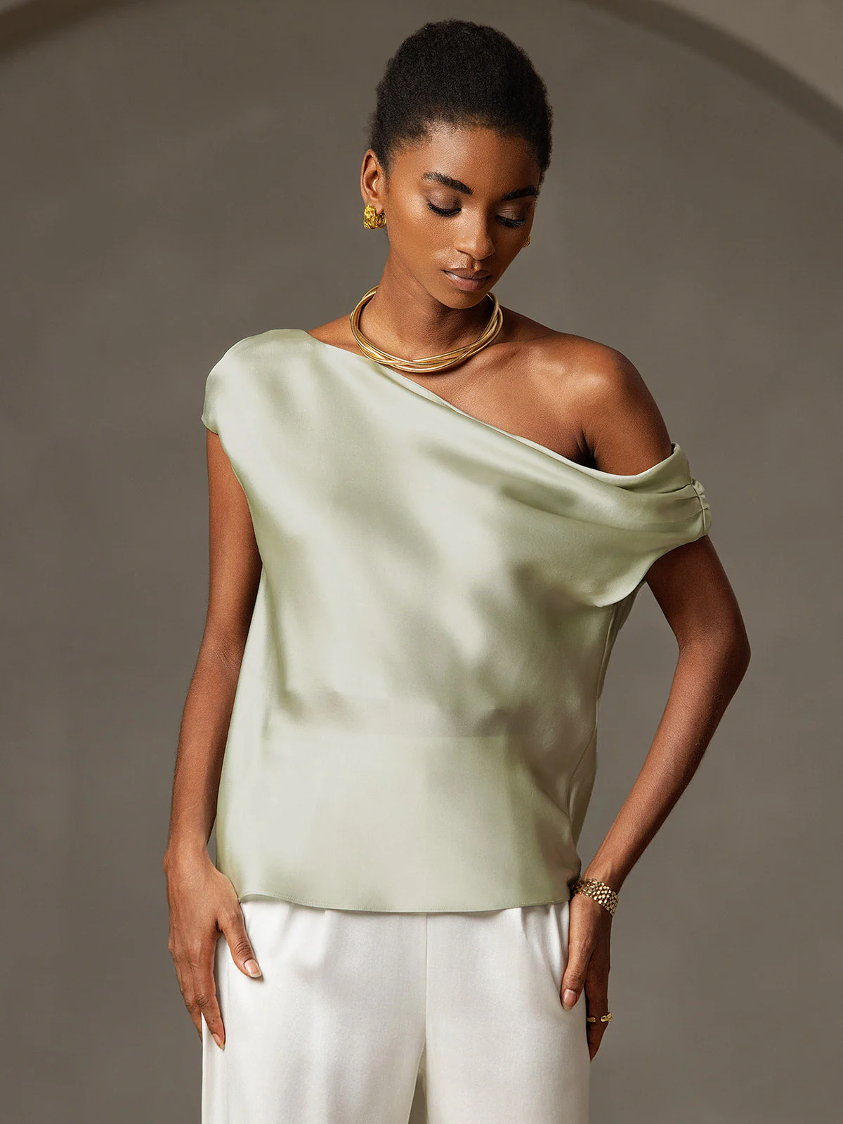Clearance - 19Momme Silk Women's Cap Sleeve One Shoulder Top - Image 3