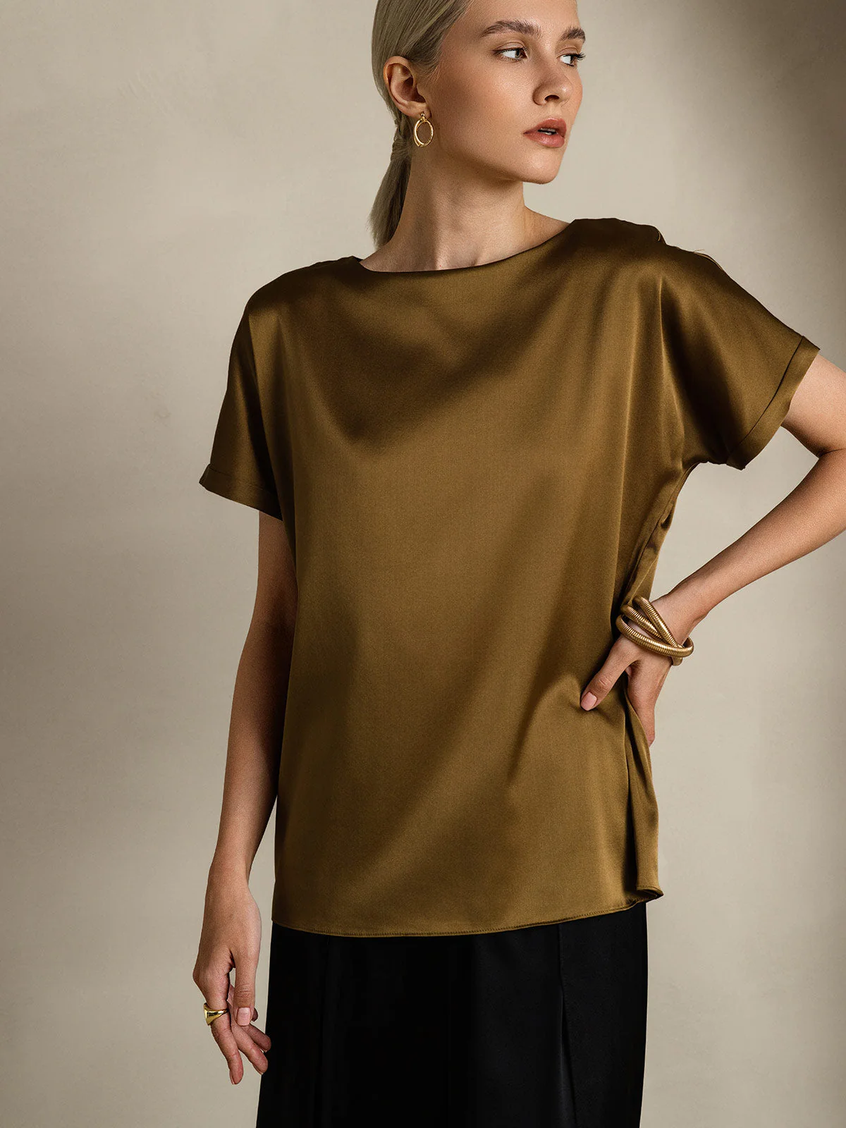 19Momme Silk Short Sleeve Boat Neck Women's T-Shirt - Image 19