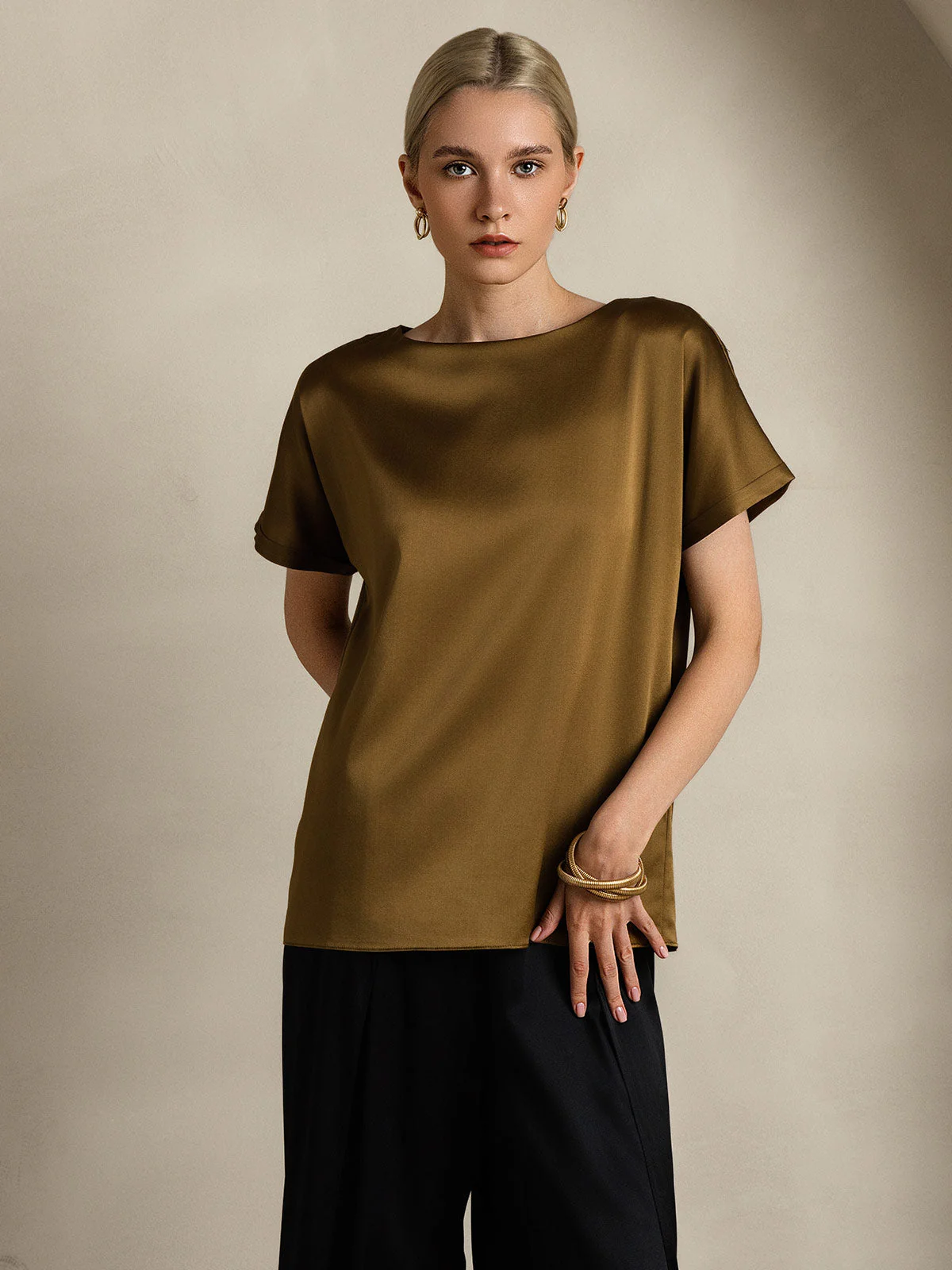 19Momme Silk Short Sleeve Boat Neck Women's T-Shirt - Image 20