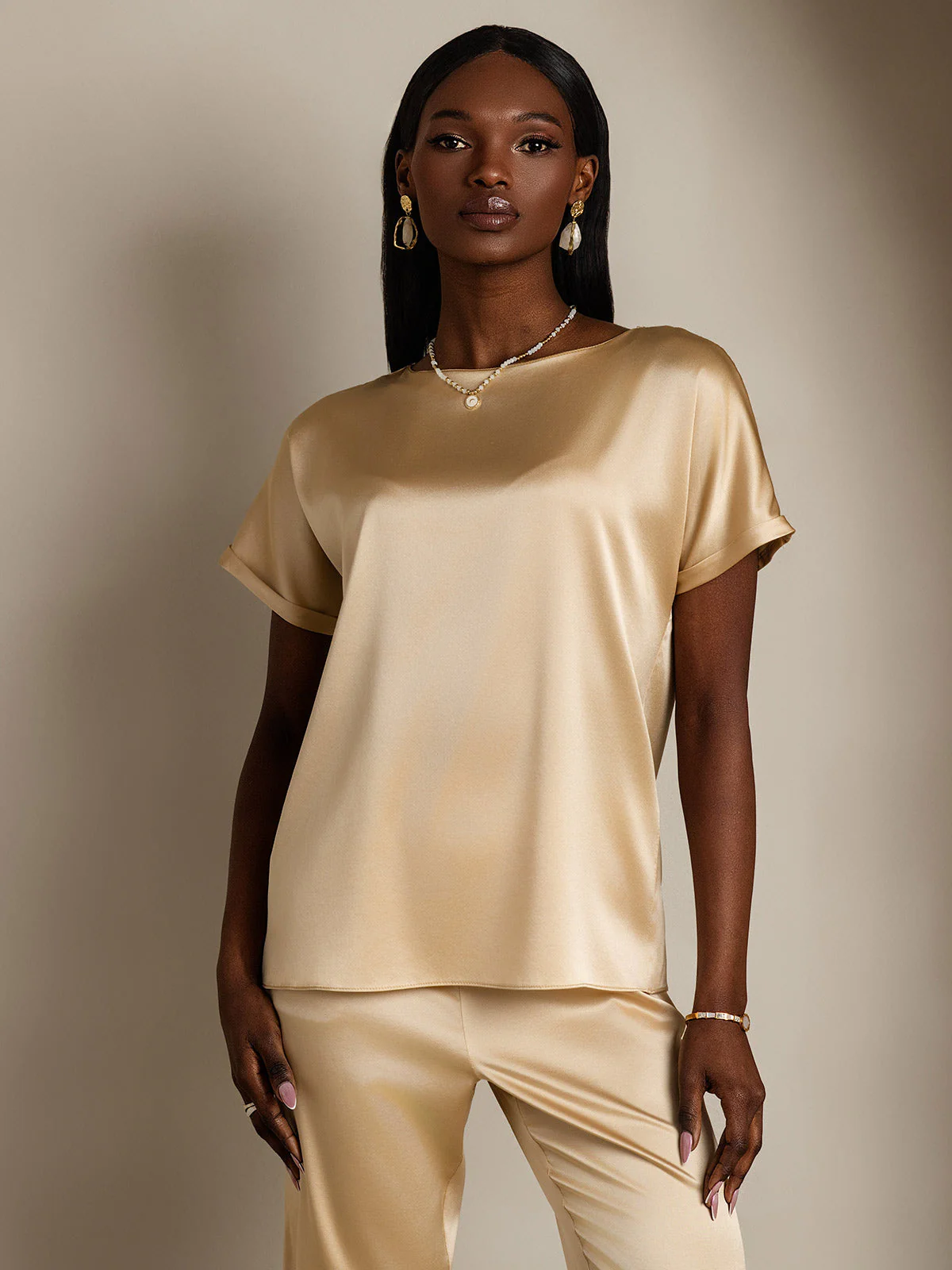 19Momme Silk Short Sleeve Boat Neck Women's T-Shirt - Image 23