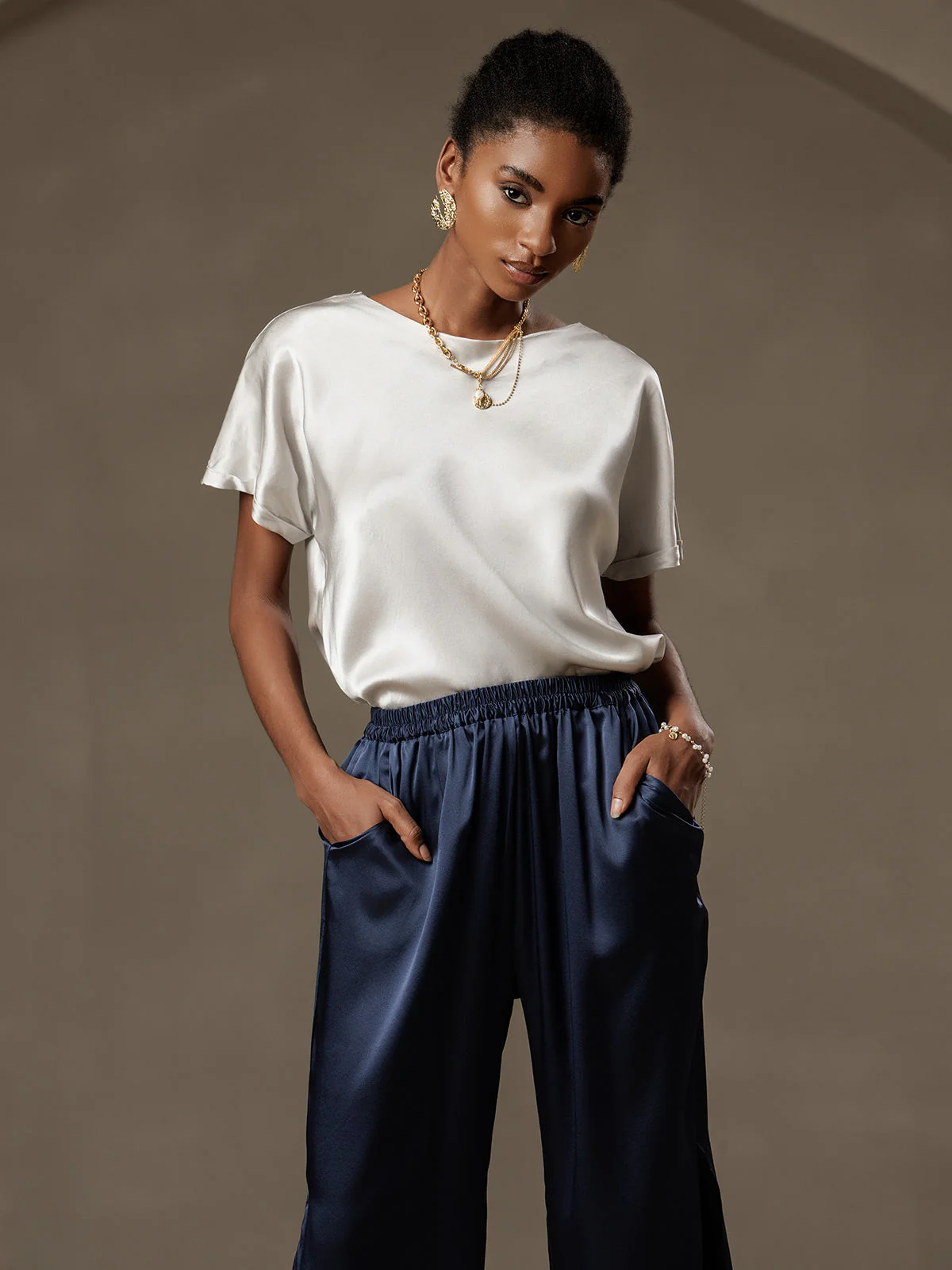 19Momme Silk Short Sleeve Boat Neck Women's T-Shirt - Image 3