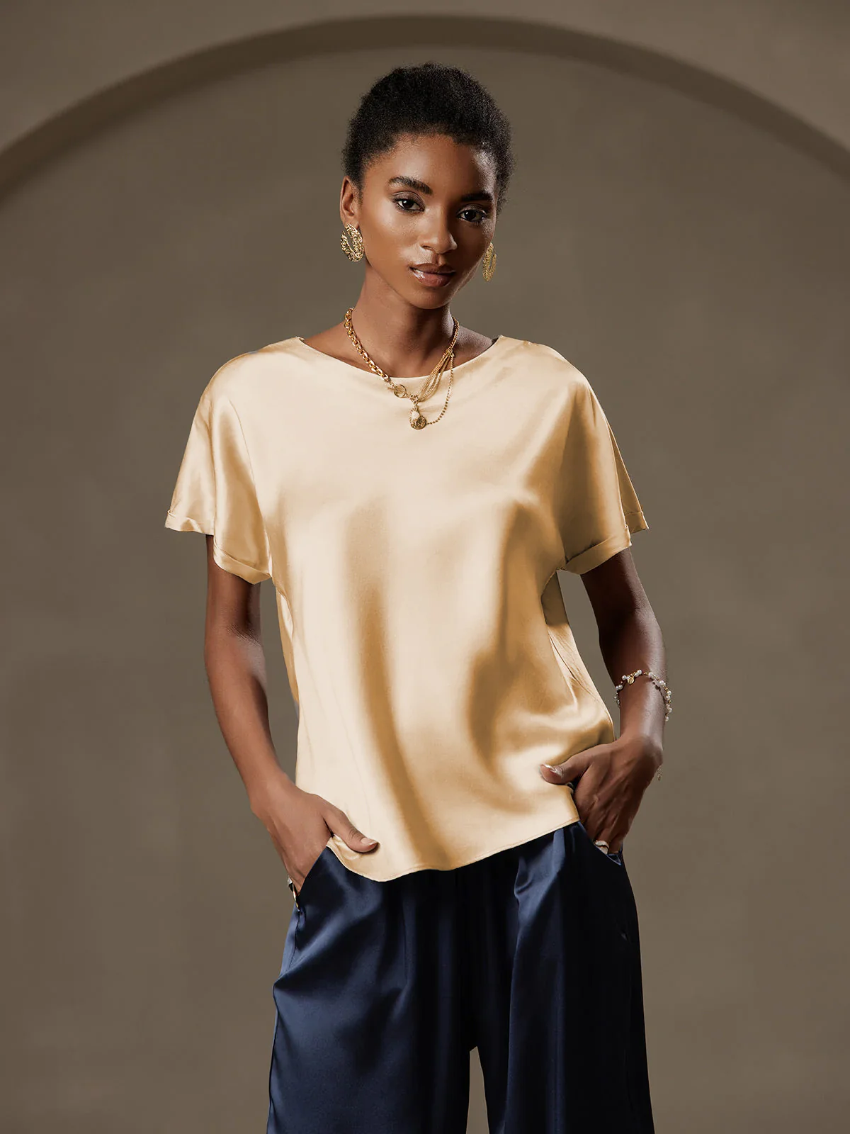 19Momme Silk Short Sleeve Boat Neck Women's T-Shirt - Image 30