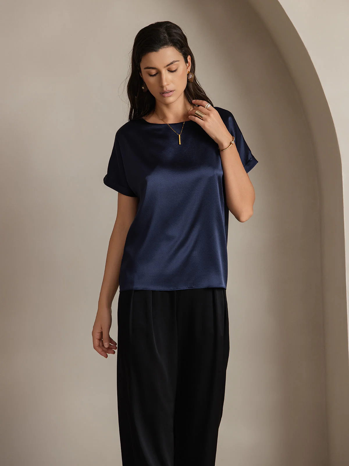 19Momme Silk Short Sleeve Boat Neck Women's T-Shirt - Image 46