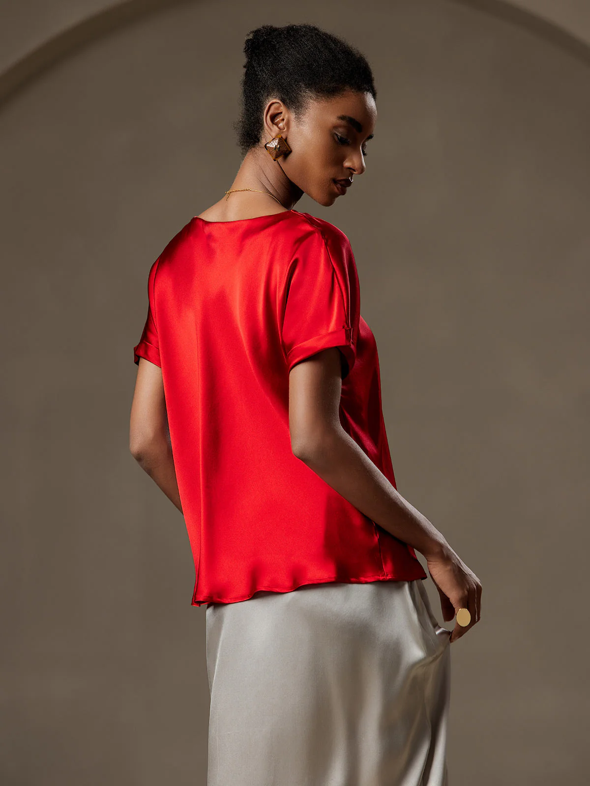 19Momme Silk Short Sleeve Boat Neck Women's T-Shirt - Image 50