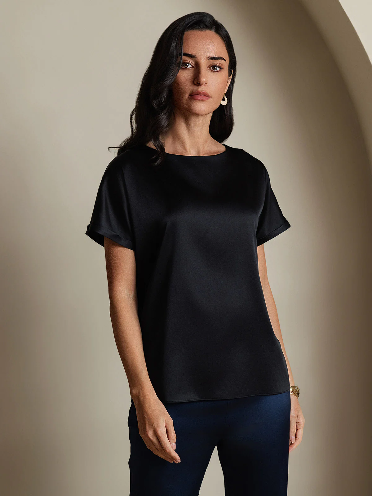 19Momme Silk Short Sleeve Boat Neck Women's T-Shirt - Image 8
