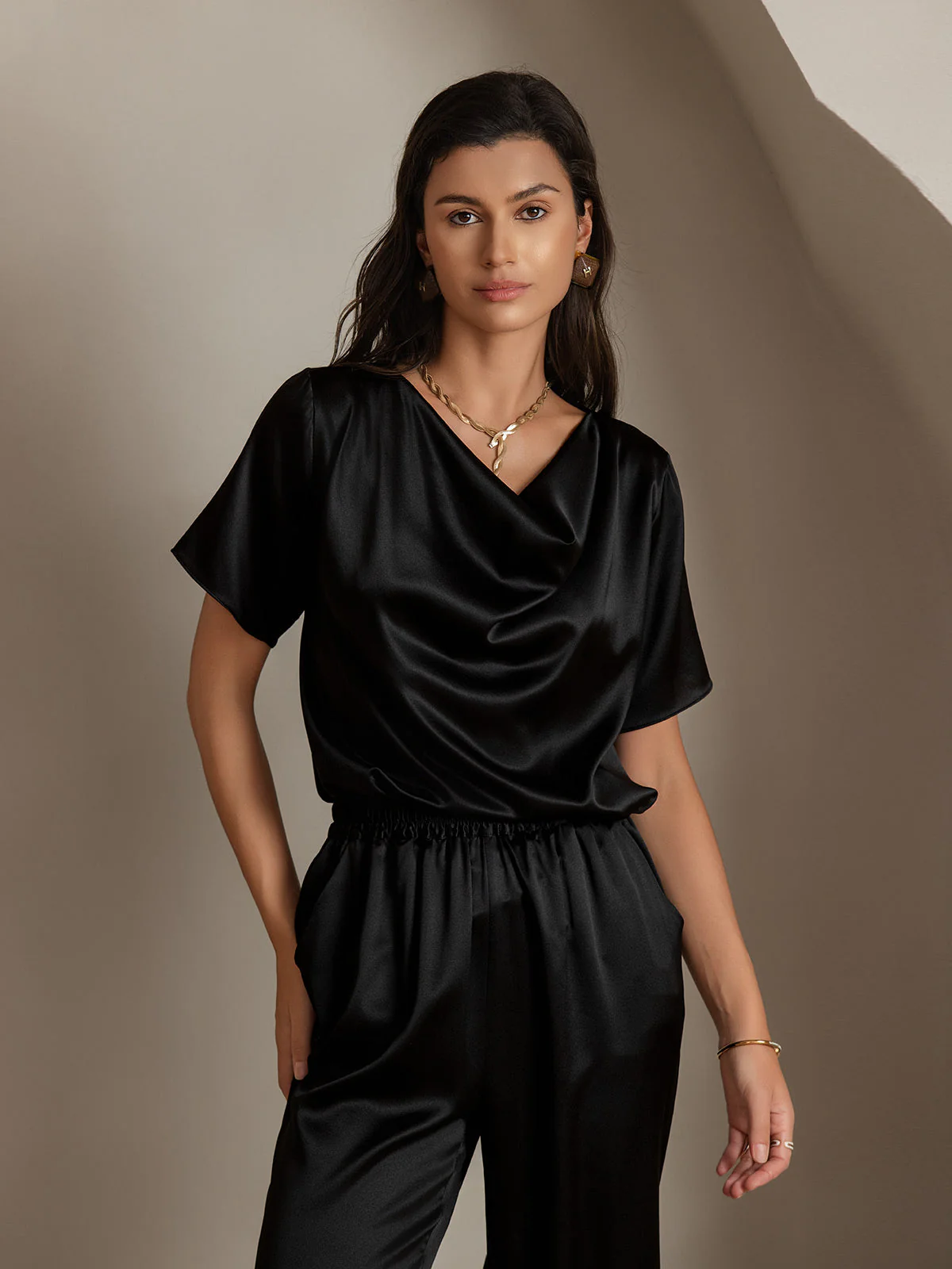 19Momme Women's Silk Short Sleeve Cowl Neck T-Shirt - Image 22
