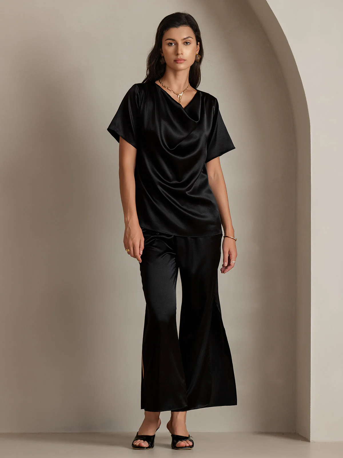 19Momme Women's Silk Short Sleeve Cowl Neck T-Shirt - Image 24