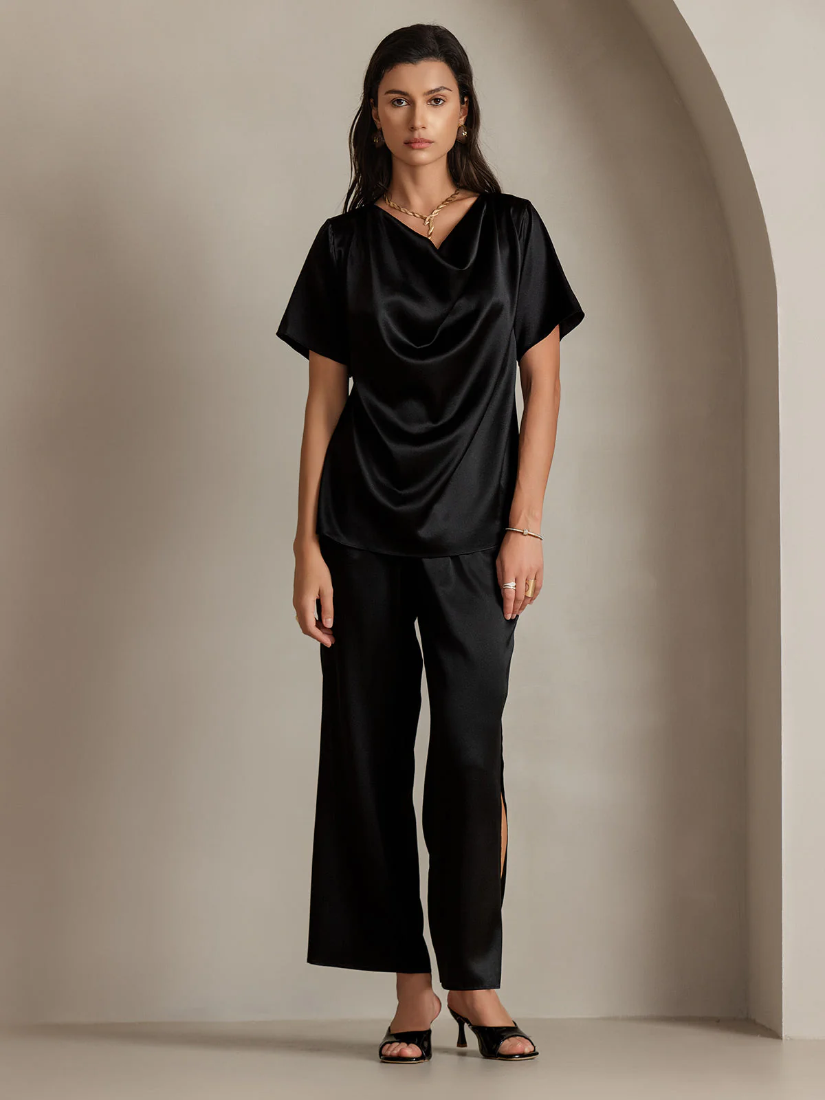 19Momme Women's Silk Short Sleeve Cowl Neck T-Shirt - Image 25