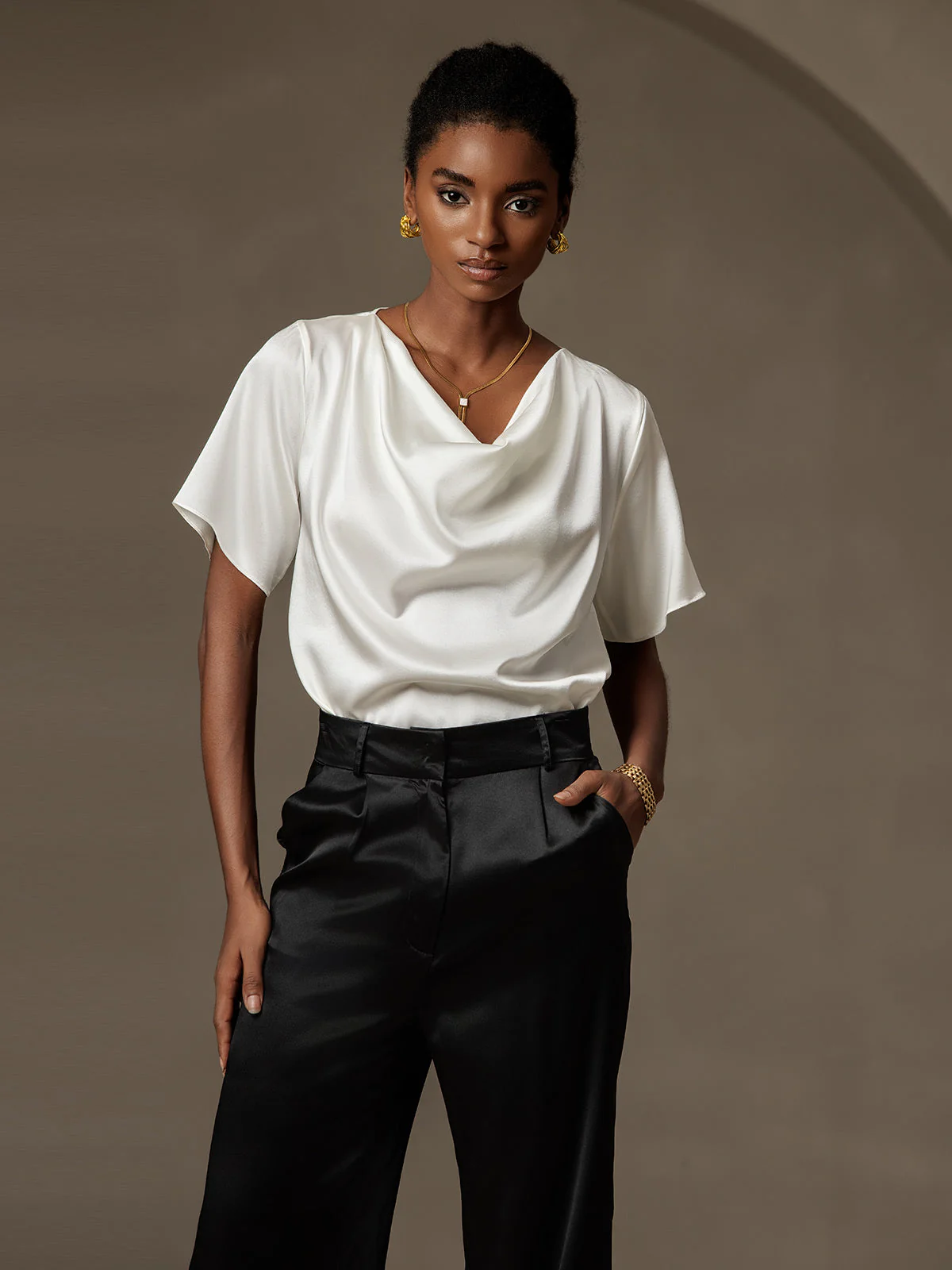 19Momme Women's Silk Short Sleeve Cowl Neck T-Shirt - Image 4