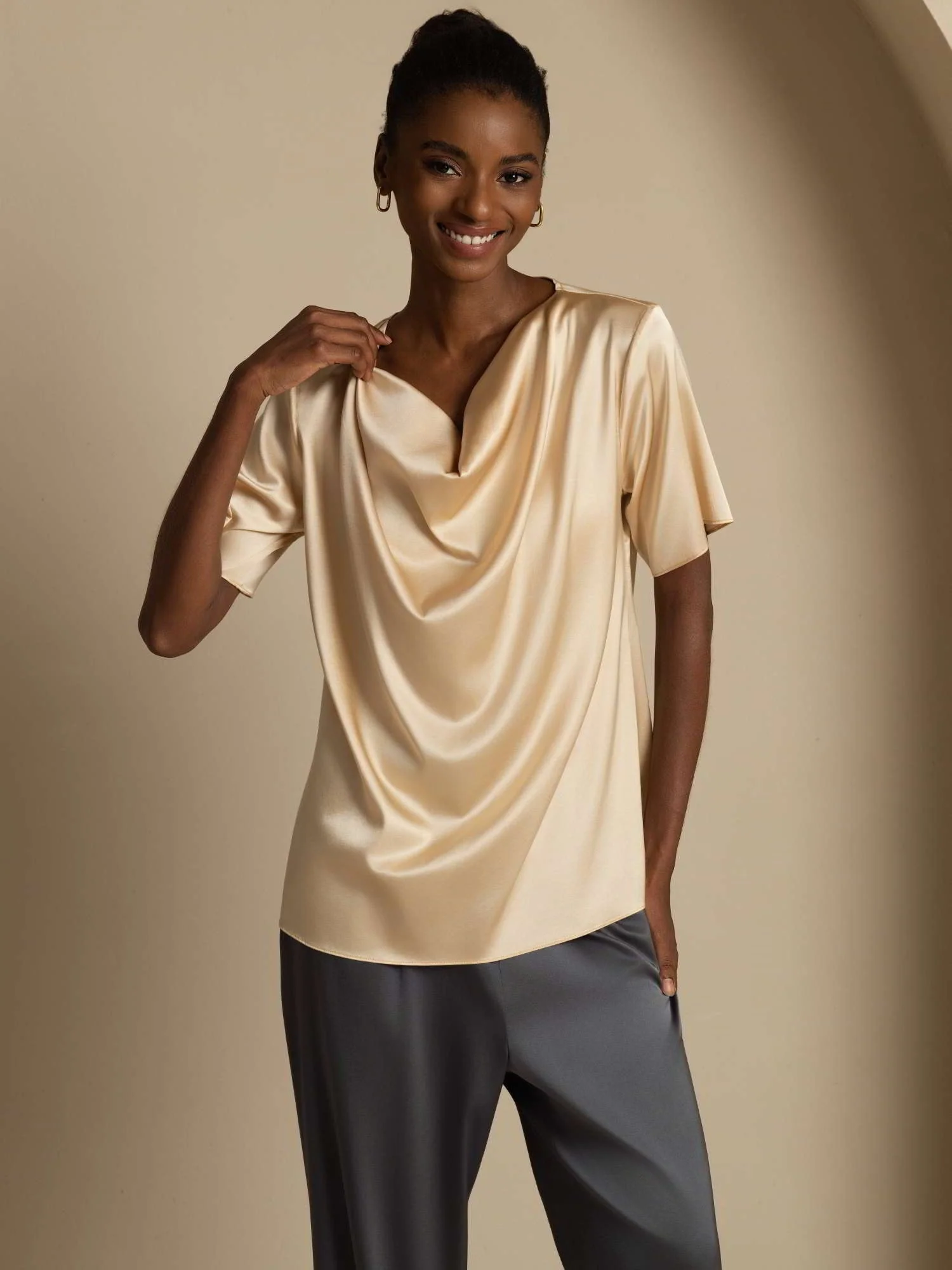 19Momme Women's Silk Short Sleeve Cowl Neck T-Shirt - Image 9