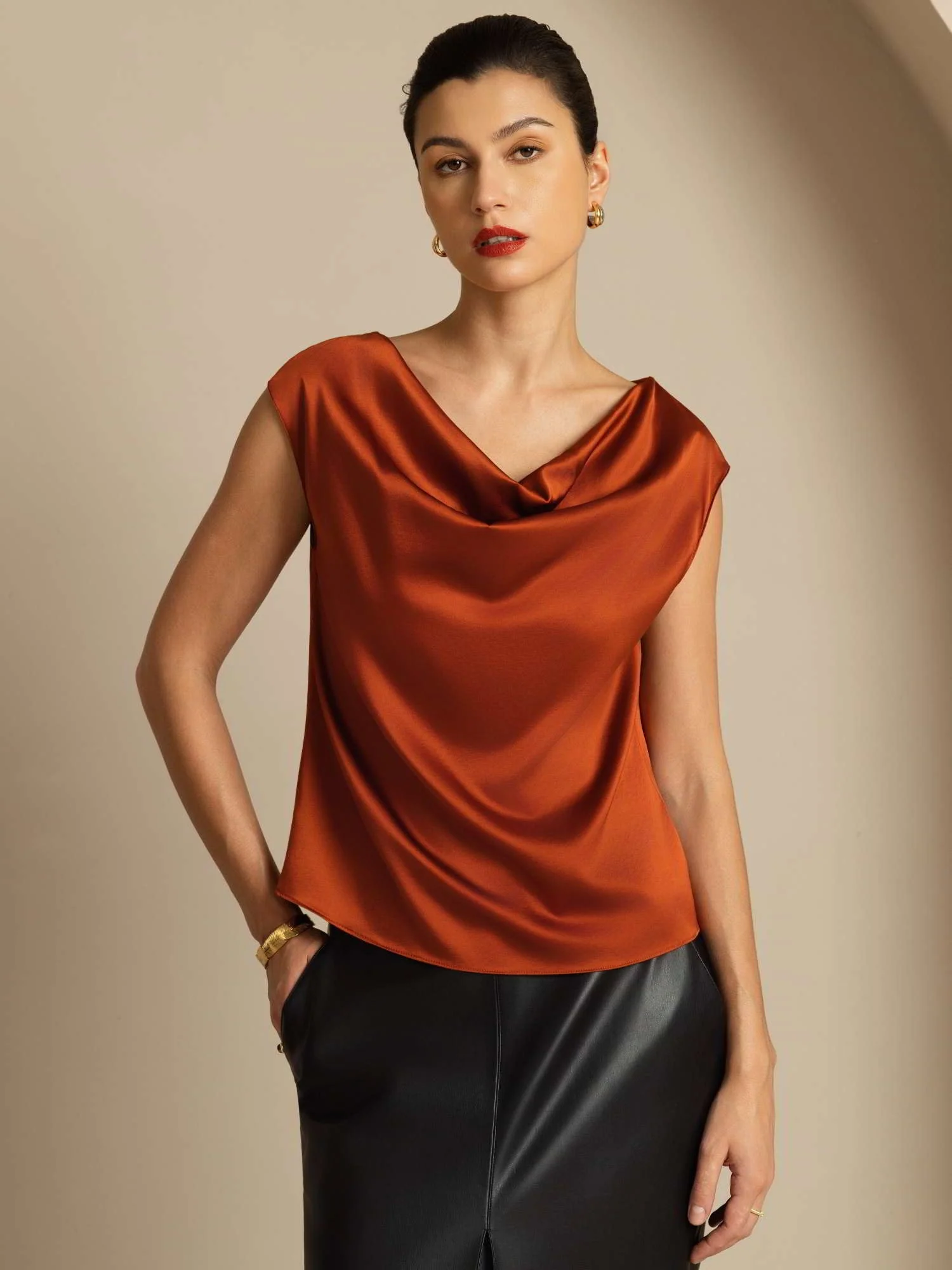 19Momme Silk Cap Sleeve Cowl Neck Women's Top - Image 17