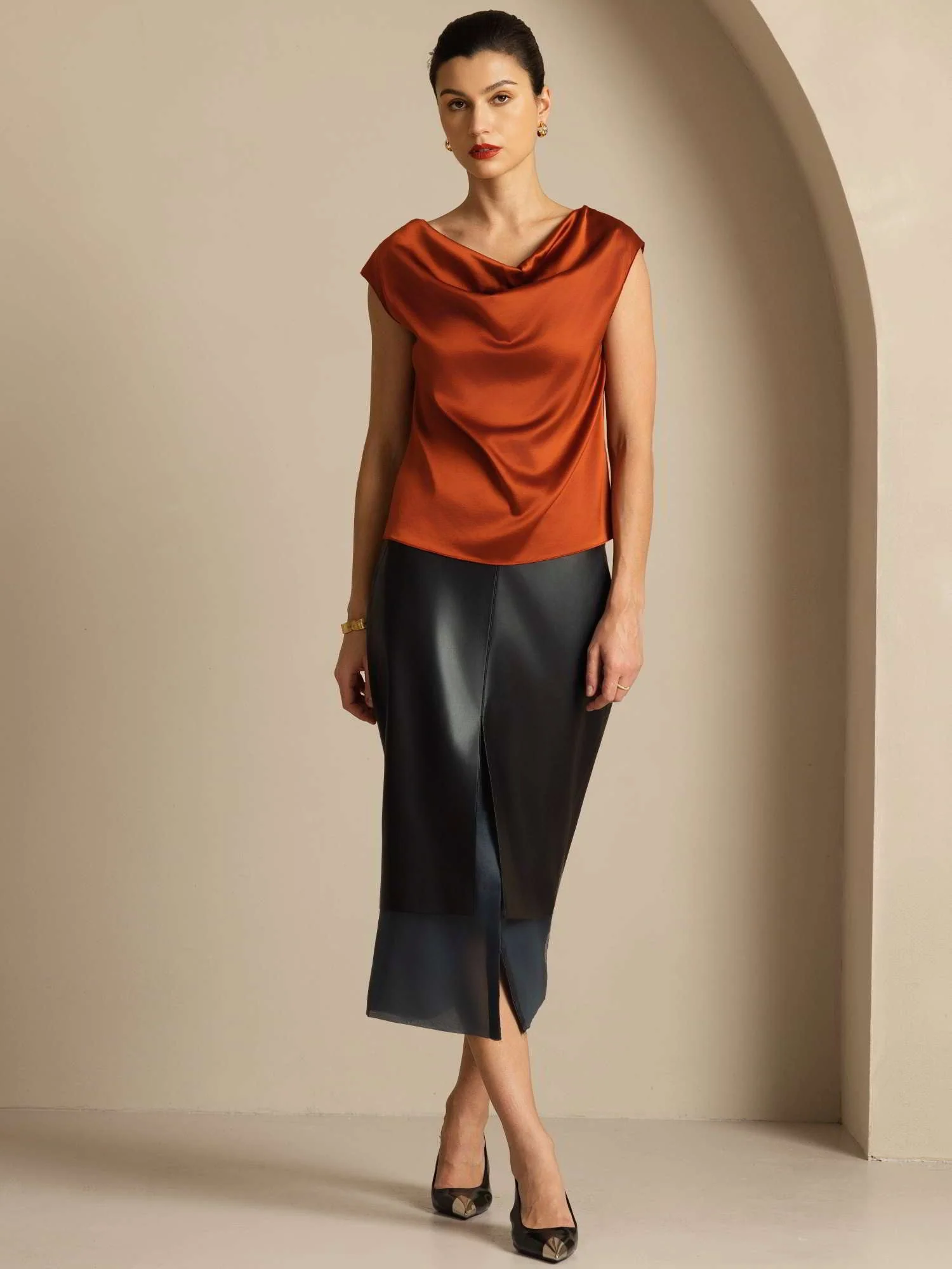 19Momme Silk Cap Sleeve Cowl Neck Women's Top - Image 23