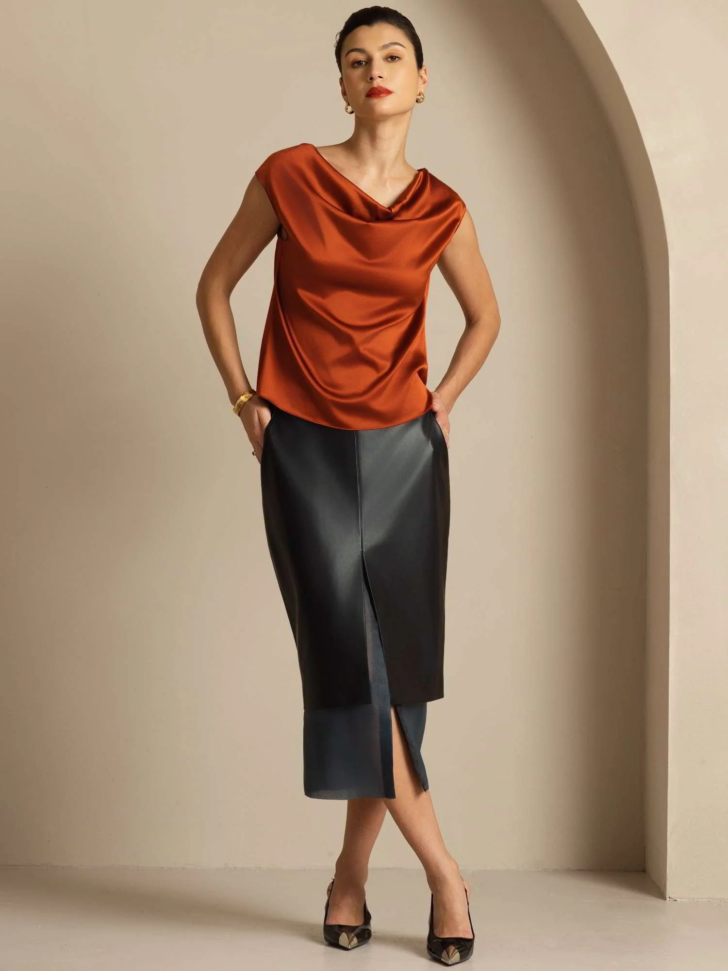 19Momme Silk Cap Sleeve Cowl Neck Women's Top - Image 24