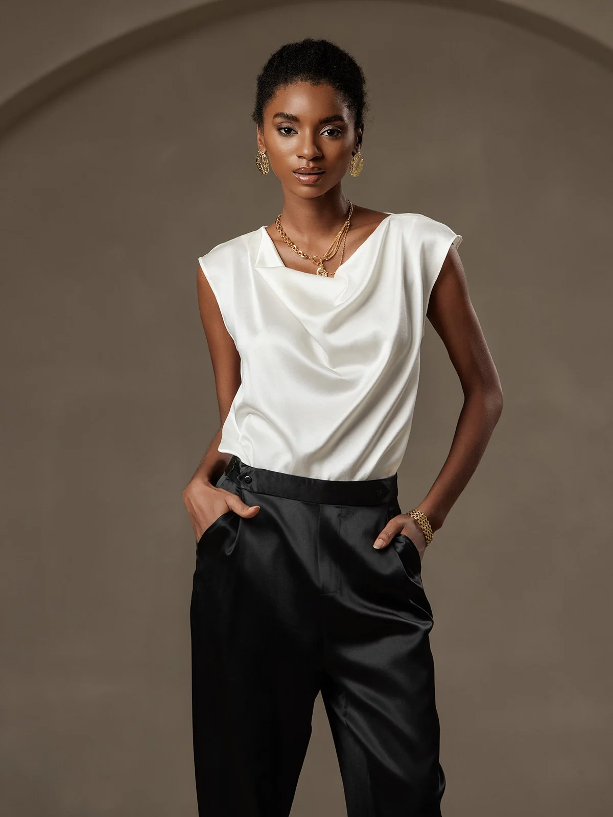 19Momme Silk Cap Sleeve Cowl Neck Women's Top - Image 35