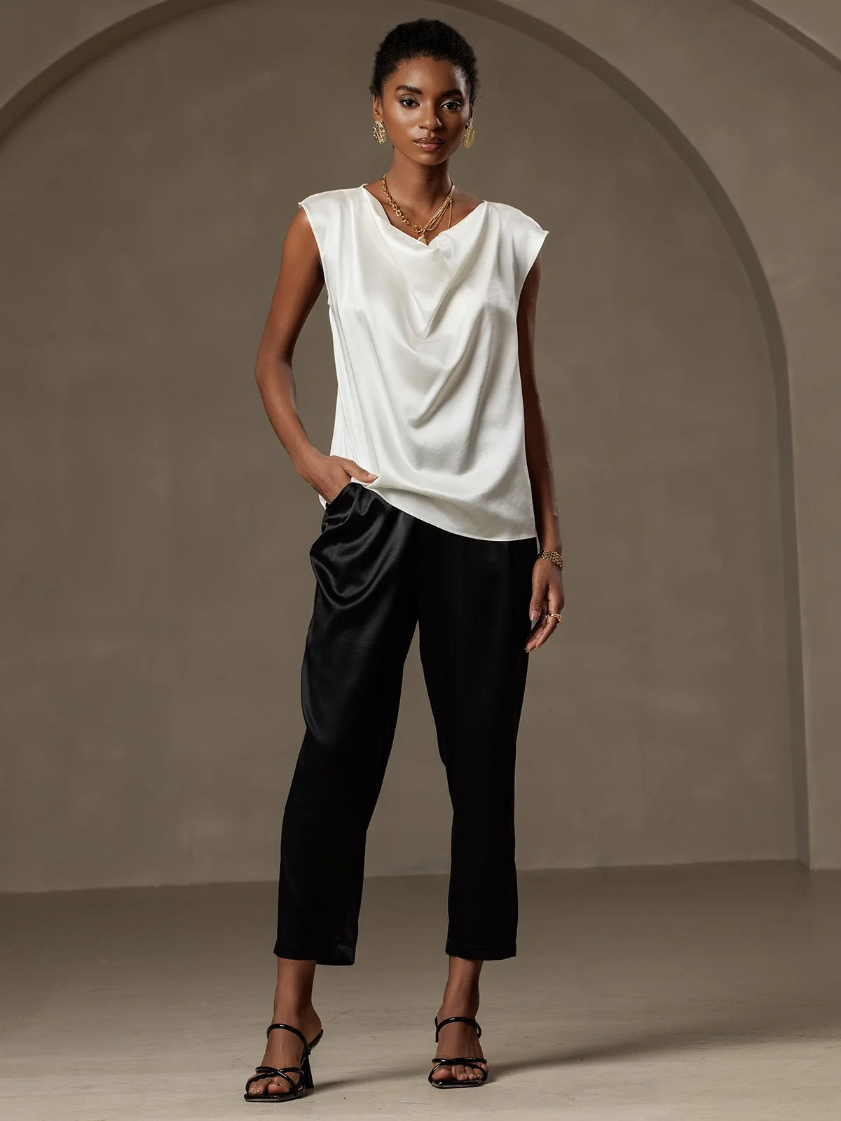 19Momme Silk Cap Sleeve Cowl Neck Women's Top - Image 36