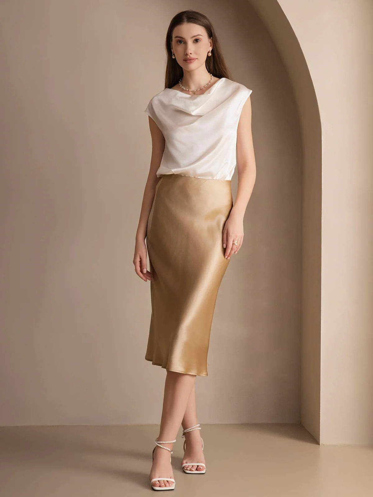 19Momme Silk Cap Sleeve Cowl Neck Women's Top - Image 38