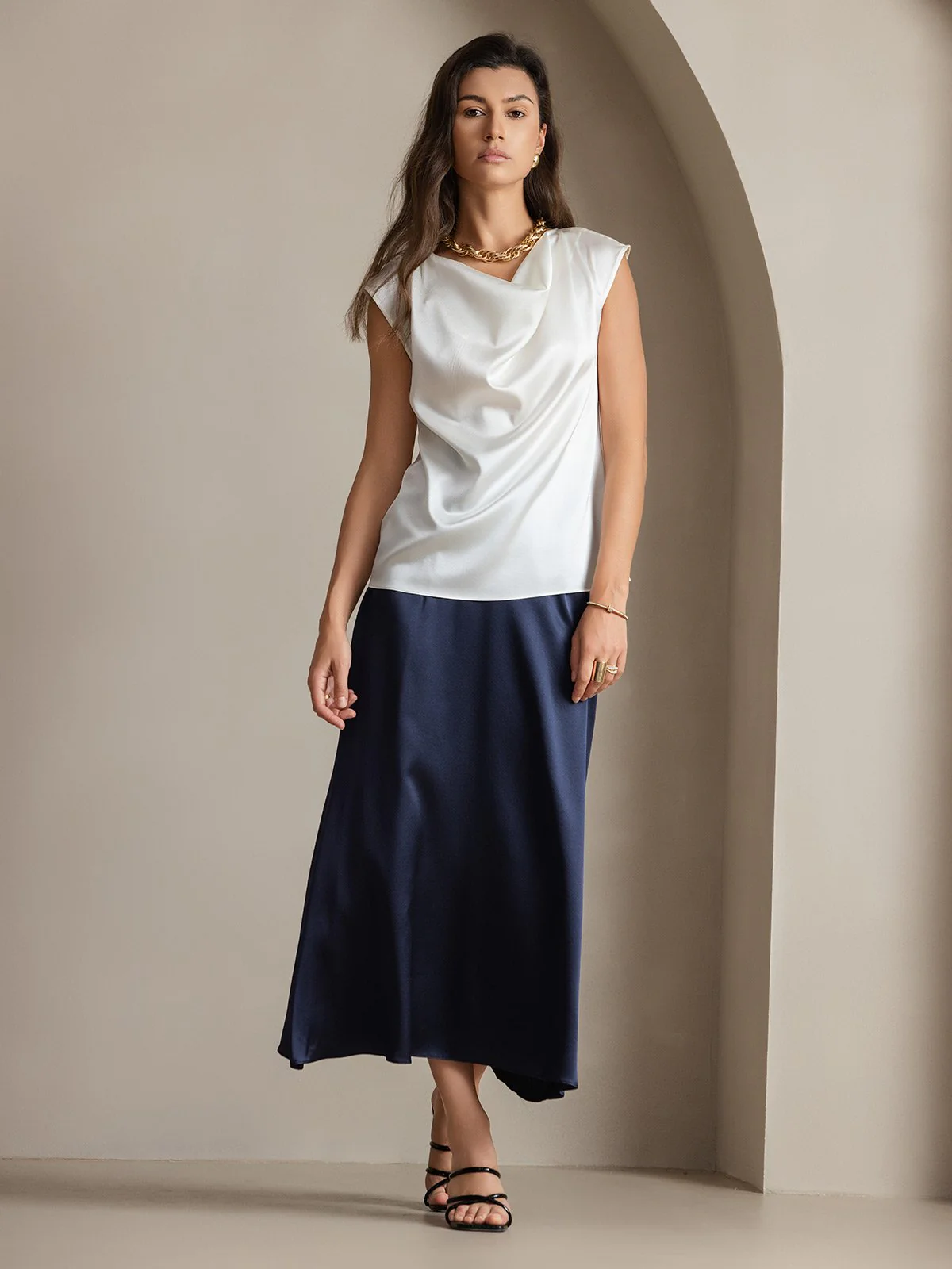 19Momme Silk Cap Sleeve Cowl Neck Women's Top - Image 39