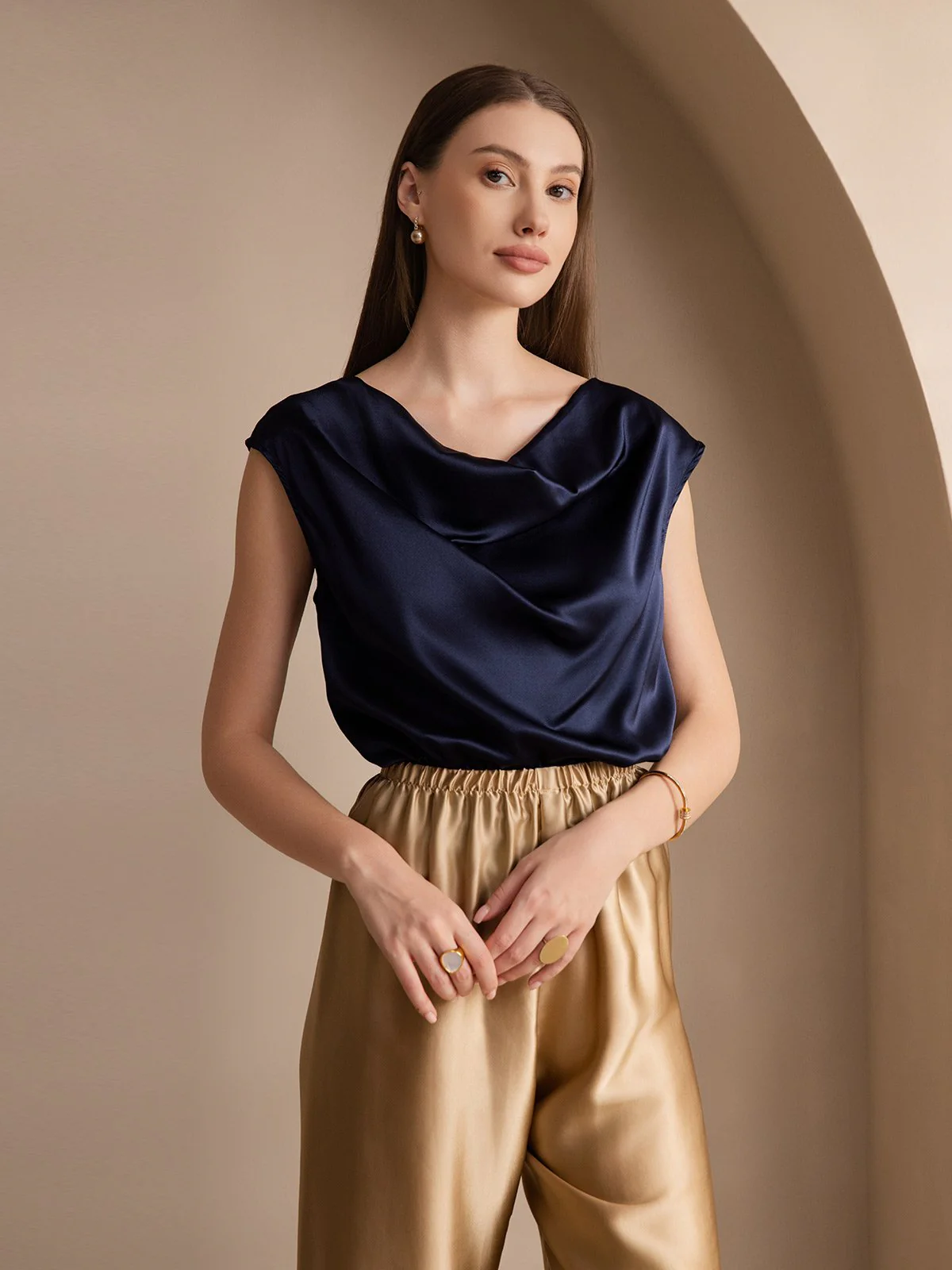 19Momme Silk Cap Sleeve Cowl Neck Women's Top - Image 43