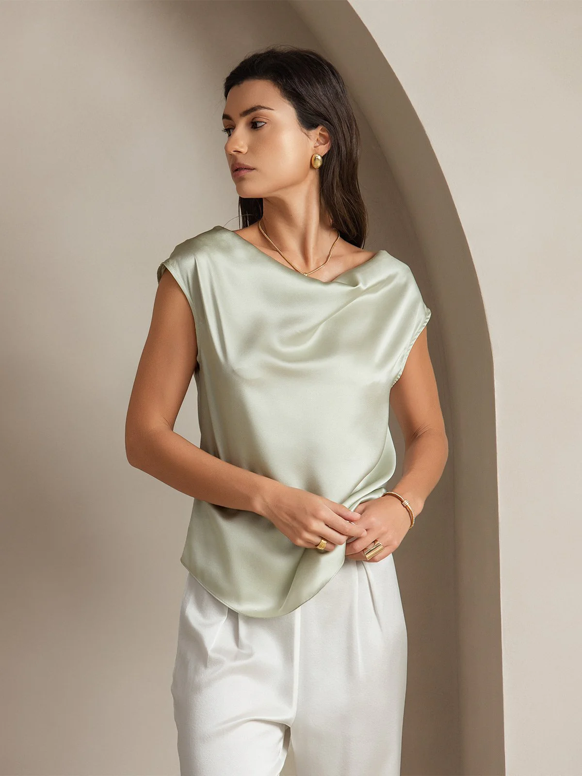 19Momme Silk Cap Sleeve Cowl Neck Women's Top - Image 47