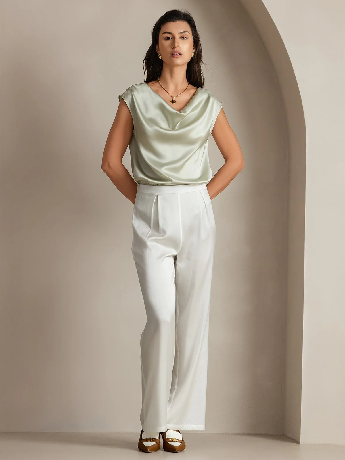 19Momme Silk Cap Sleeve Cowl Neck Women's Top - Image 51