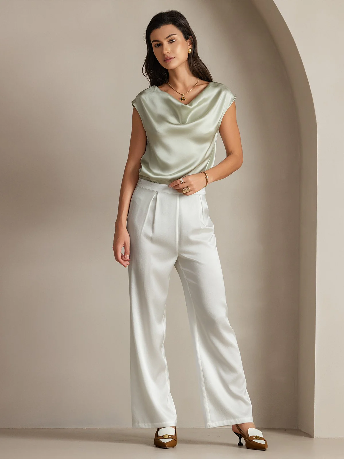 19Momme Silk Cap Sleeve Cowl Neck Women's Top - Image 52