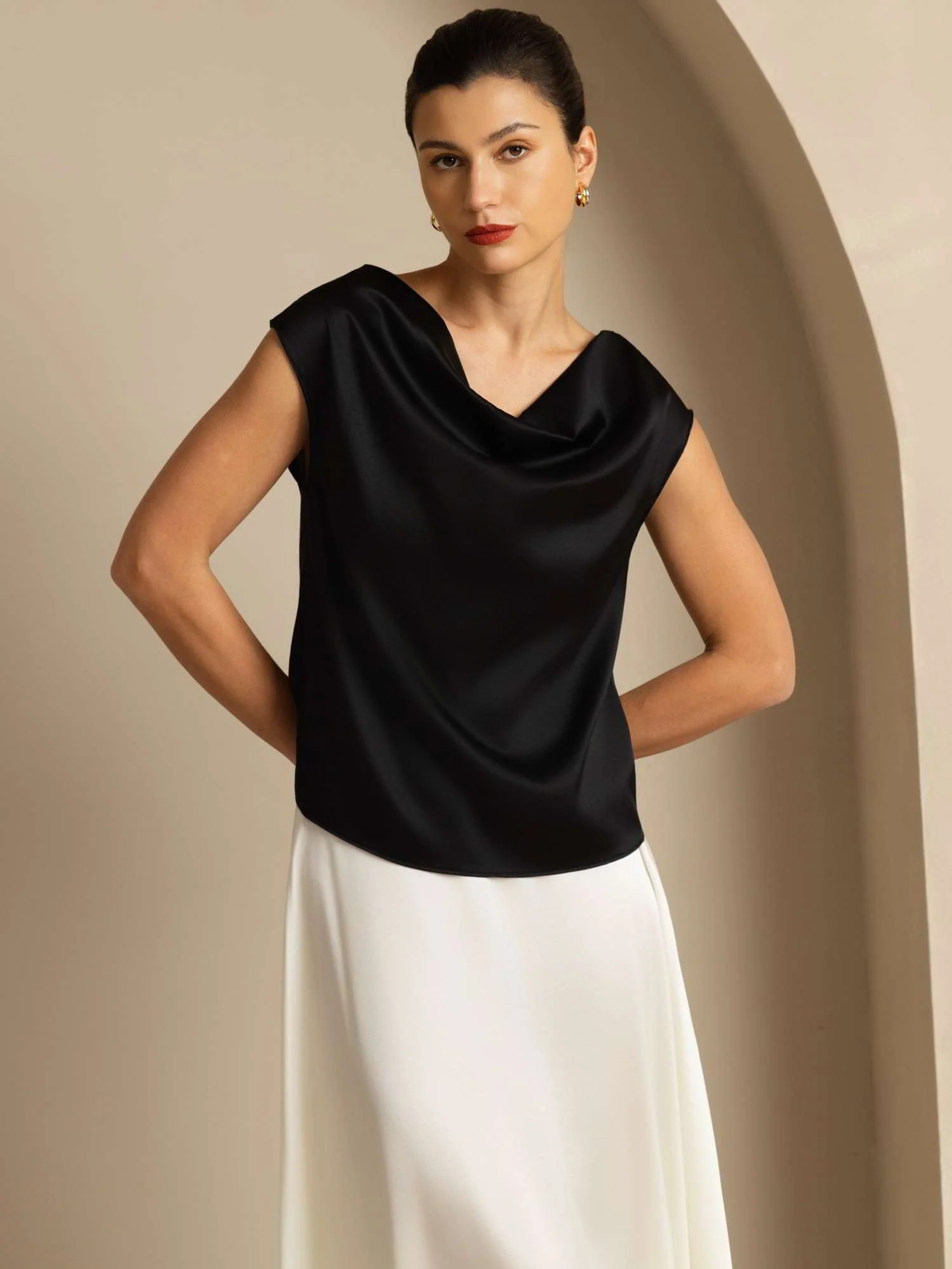 19Momme Silk Cap Sleeve Cowl Neck Women's Top - Image 57