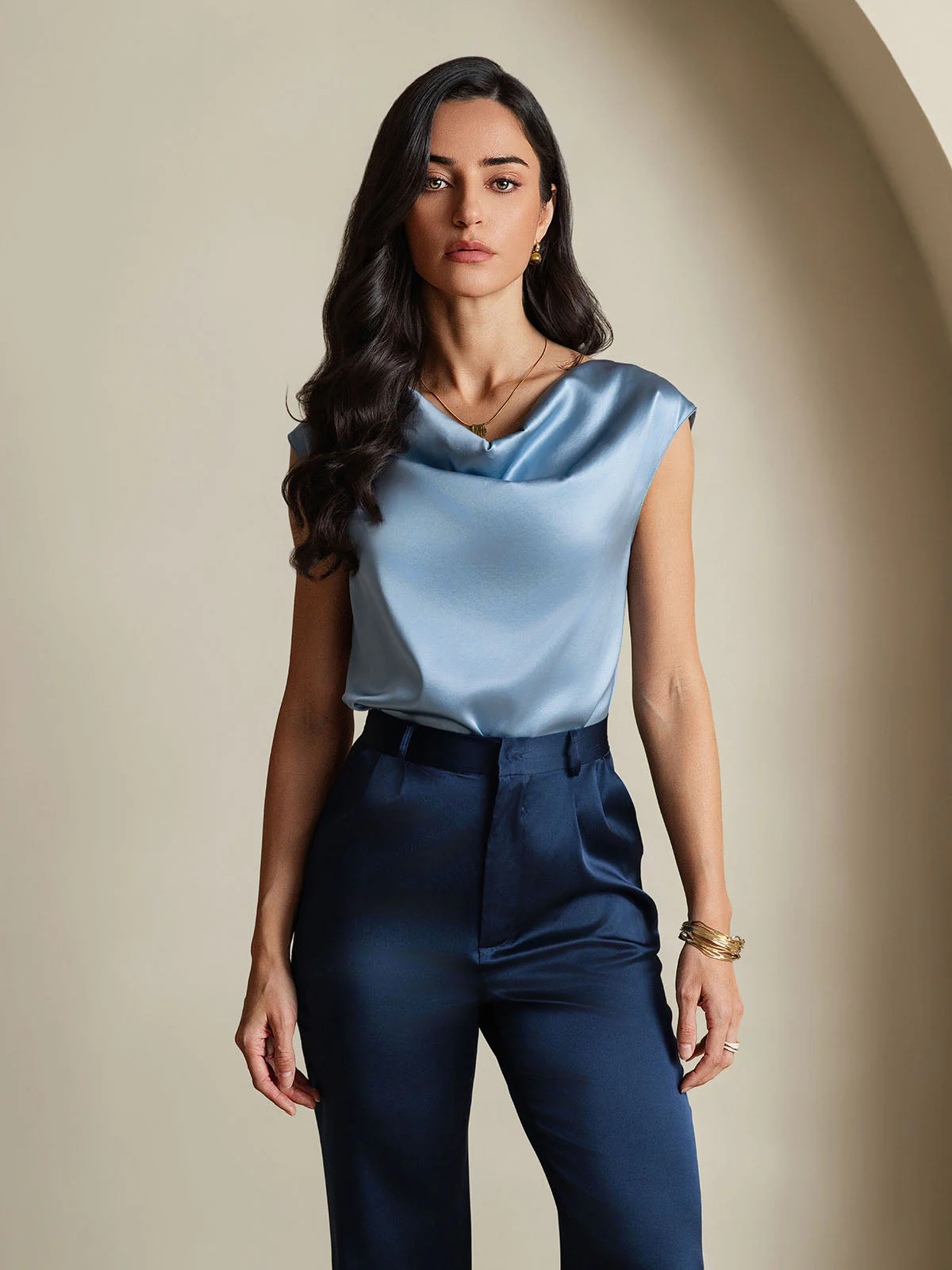 19Momme Women's Silk Cap Sleeve Cowl Neck Top - Image 11
