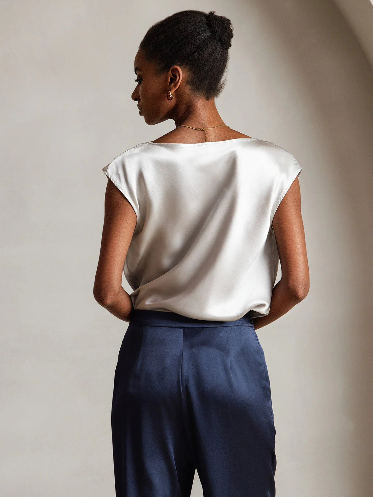19Momme Women's Silk Cap Sleeve Cowl Neck Top - Image 18