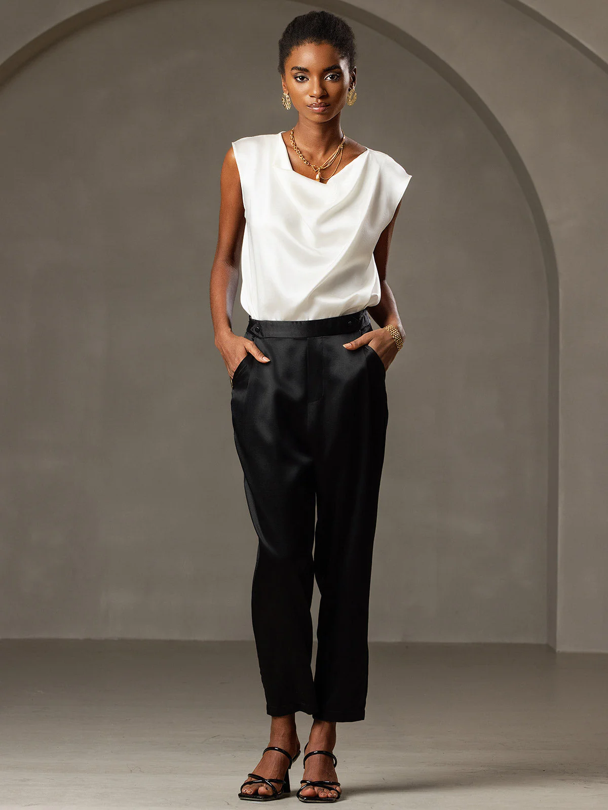 19Momme Women's Silk Cap Sleeve Cowl Neck Top - Image 29