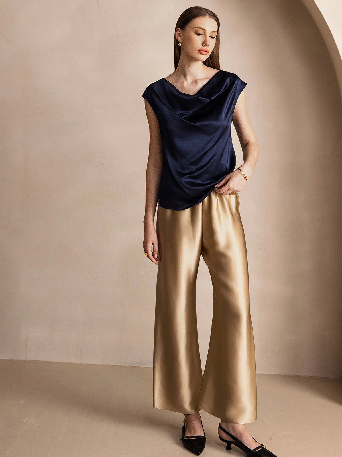 19Momme Women's Silk Cap Sleeve Cowl Neck Top - Image 37