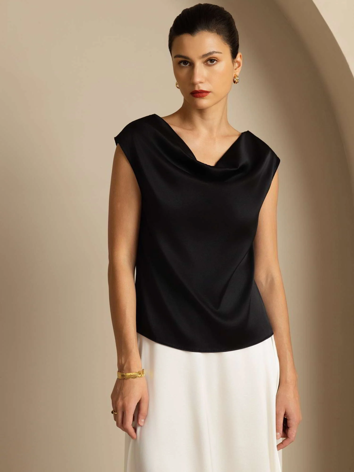 19Momme Women's Silk Cap Sleeve Cowl Neck Top - Image 39