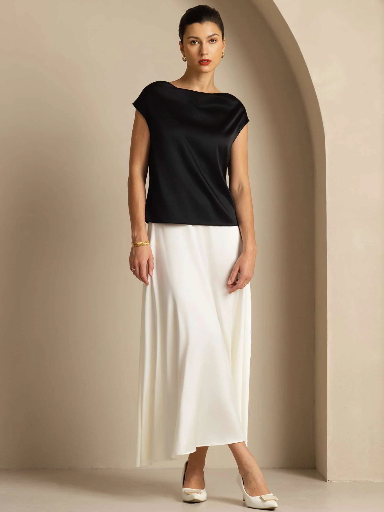 19Momme Women's Silk Cap Sleeve Cowl Neck Top - Image 45