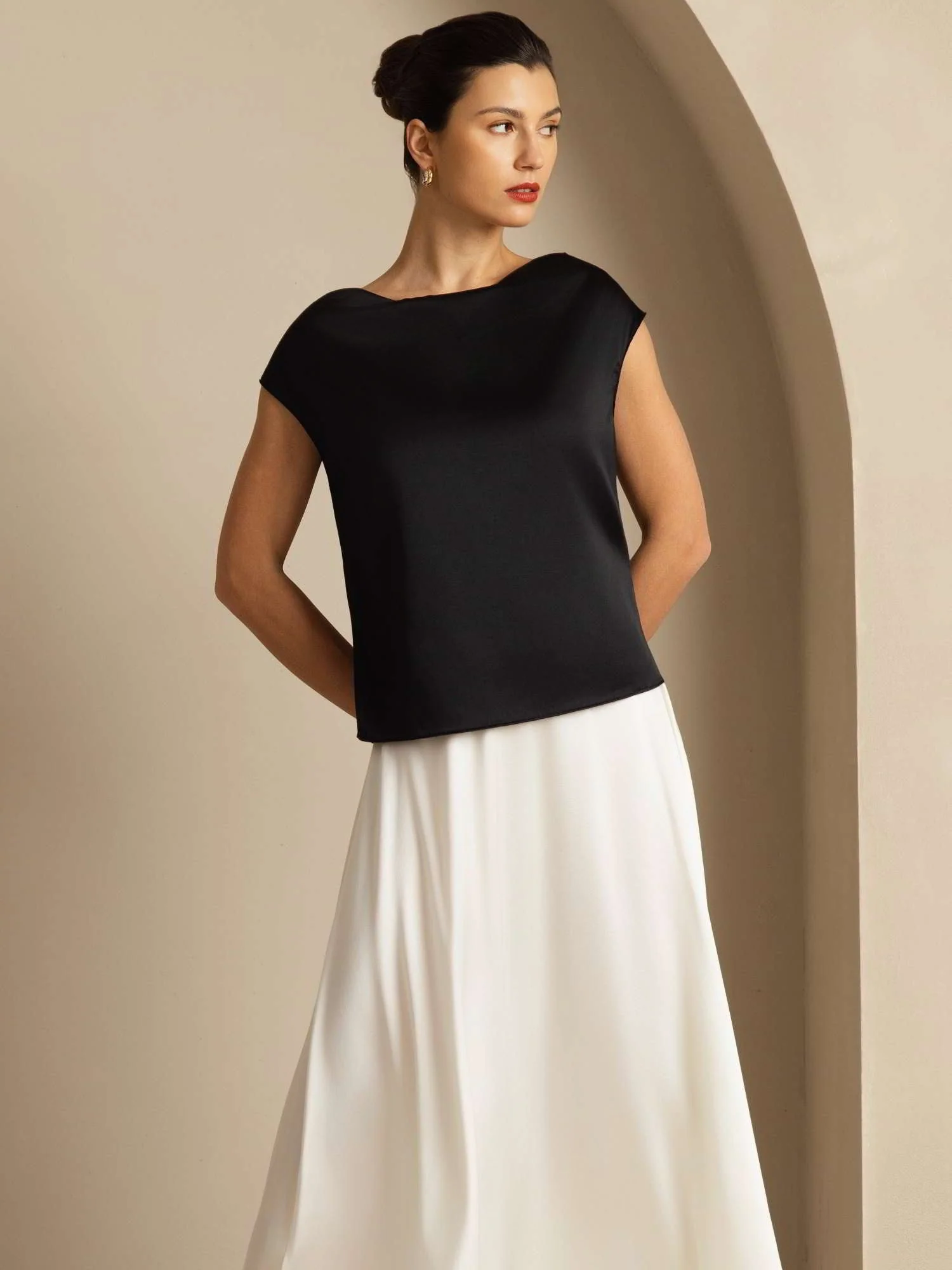 19Momme Women's Silk Cap Sleeve Cowl Neck Top - Image 46