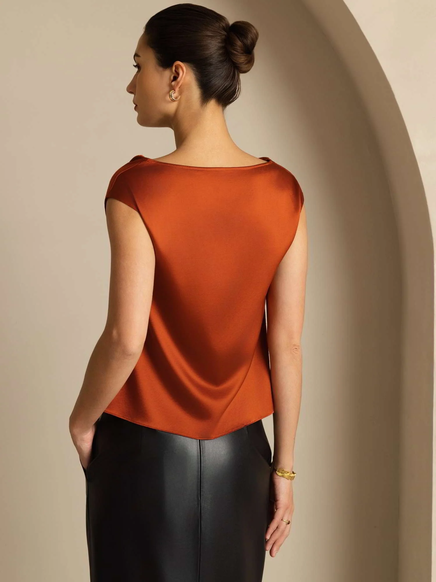 19Momme Women's Silk Cap Sleeve Cowl Neck Top - Image 48
