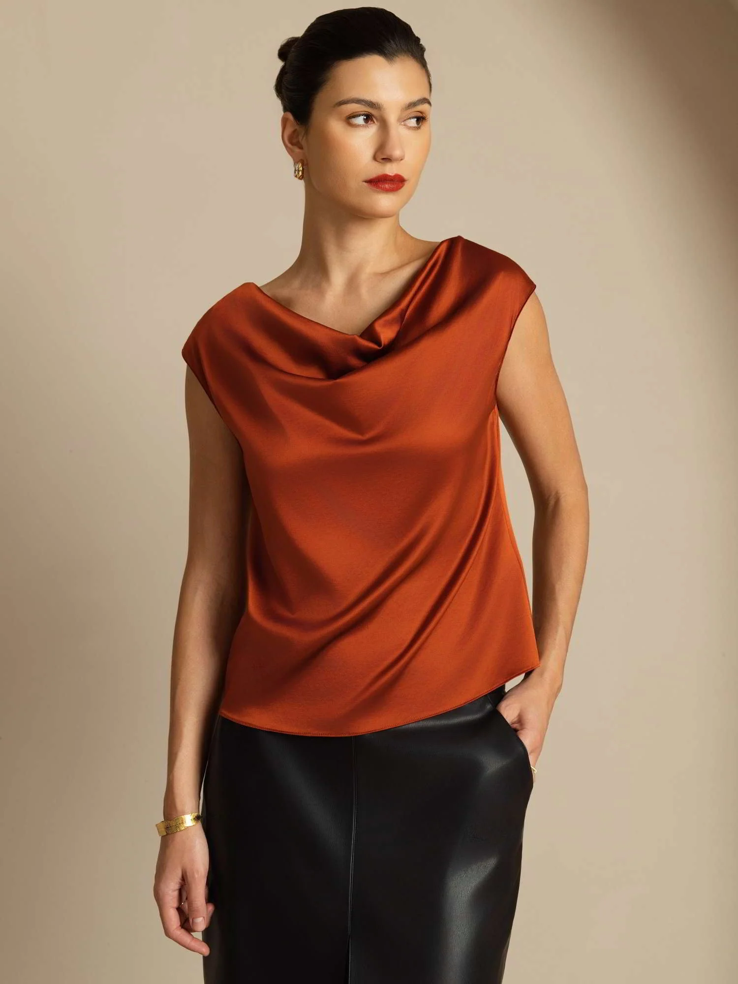 19Momme Women's Silk Cap Sleeve Cowl Neck Top - Image 51