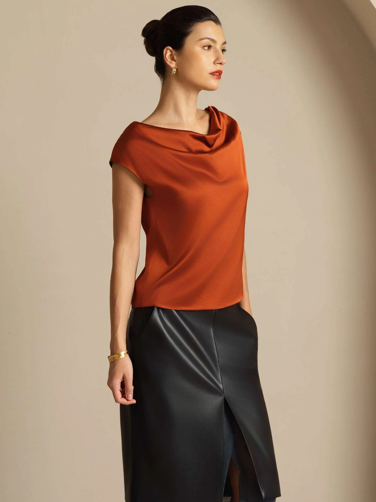 19Momme Women's Silk Cap Sleeve Cowl Neck Top - Image 52